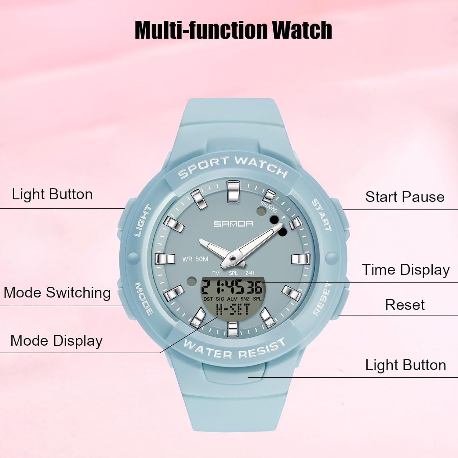 Diagram of the RORIOS AA-AEZ009 watch face with labels pointing to its various buttons and display sections.