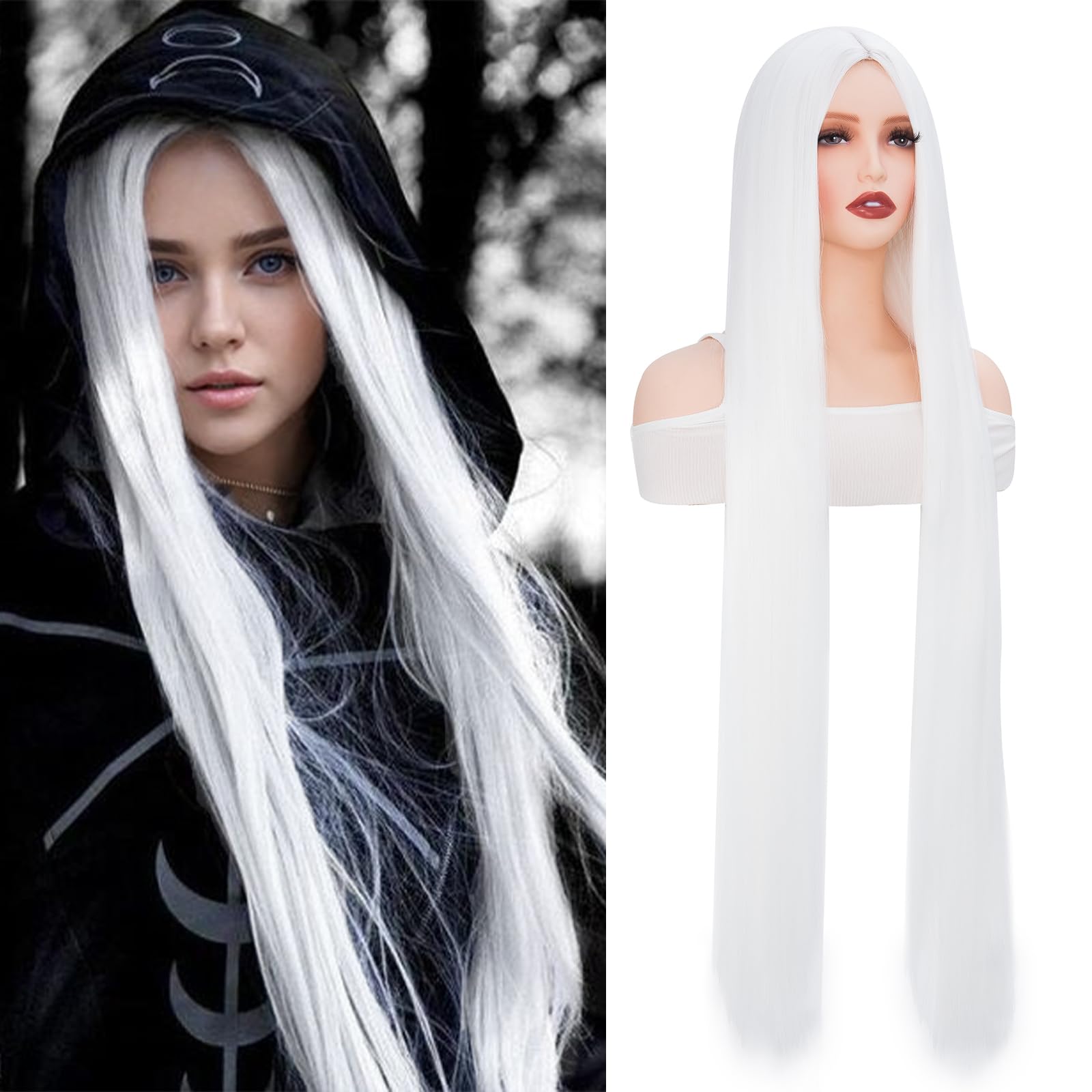 BUYOGET Long White Wigs for Women 40 Inches Straight Wig for Adults Costume Halloween Cosplay Anime Party