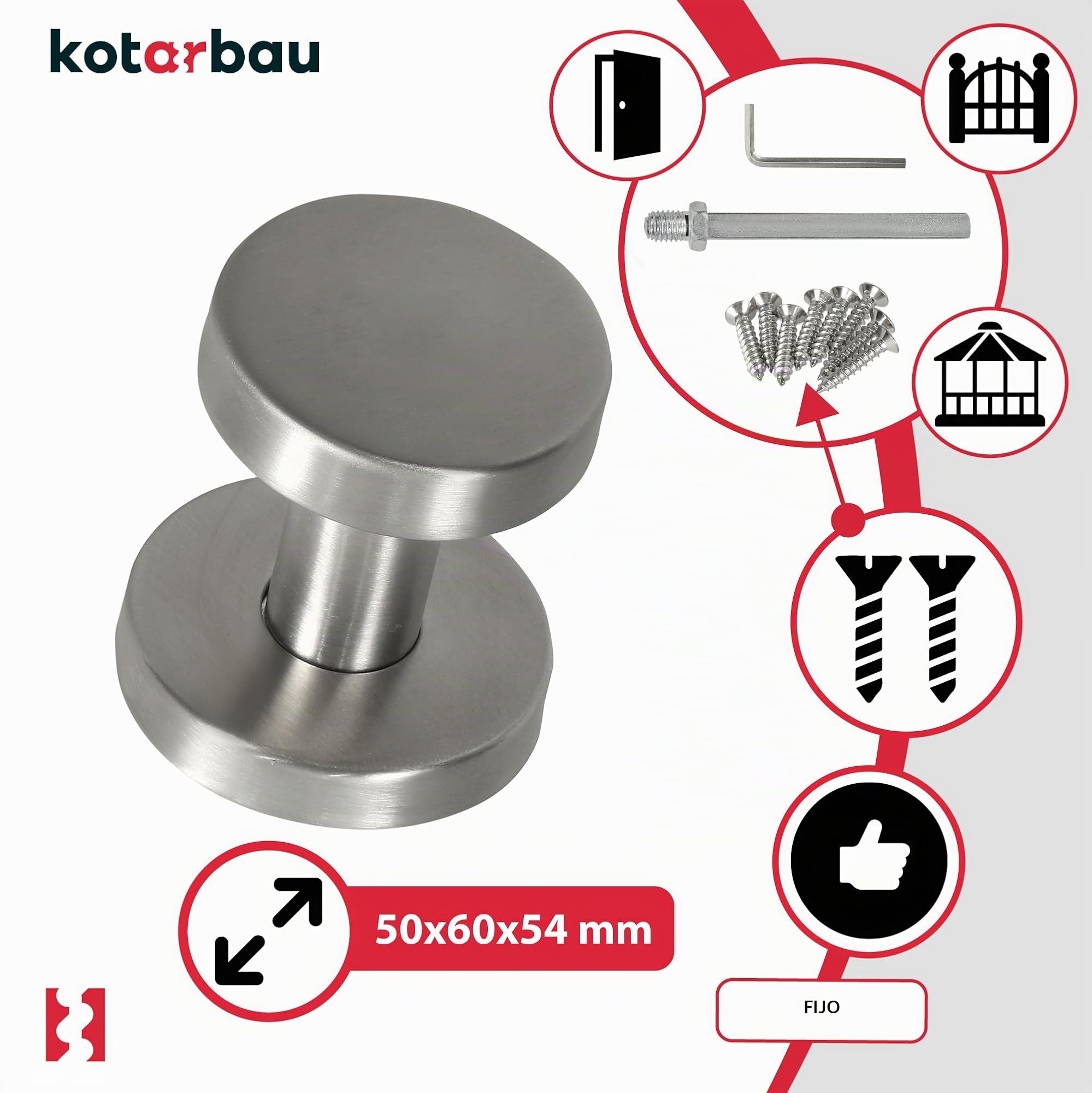 KOTARBAU® Pomo Puerta - Acero Inoxidable - Ø 50 mm - Plata - Fijo No Giratorio - Pomos Puertas Interior - Pomos Y Tiradores Puerta - Moderno Diseño - Fácil Montaje