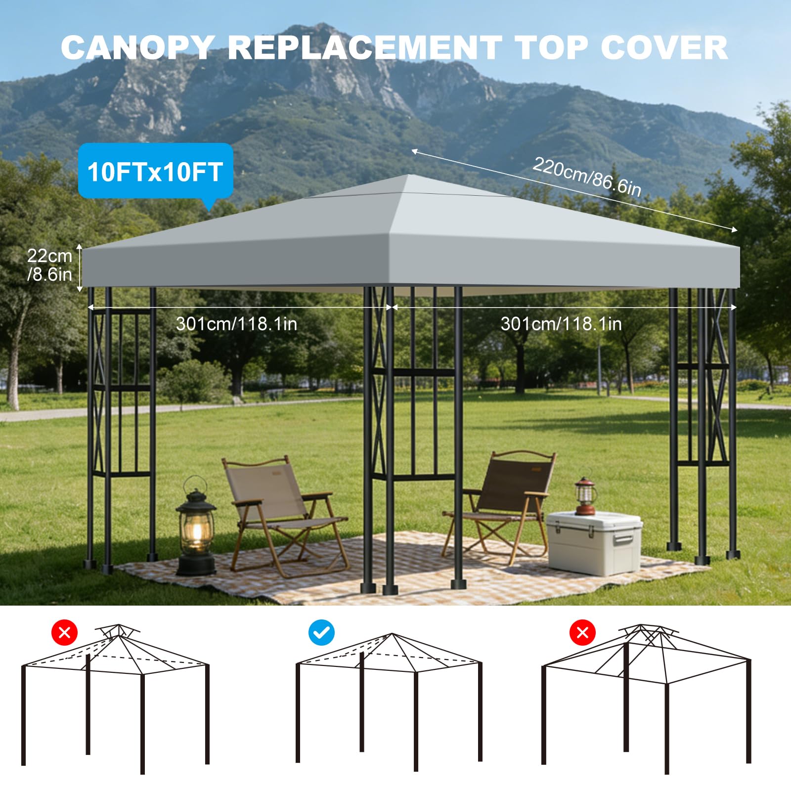 Telo di Ricambio per Gazebo 3x3m, Impermeabile e Anti-UV 300D, Copertura Rimovibile per Pergola con Fascette in Velcro Rinforzate, Ideale per Giardino, Terrazza, Campeggio e Spiaggia,Grigio