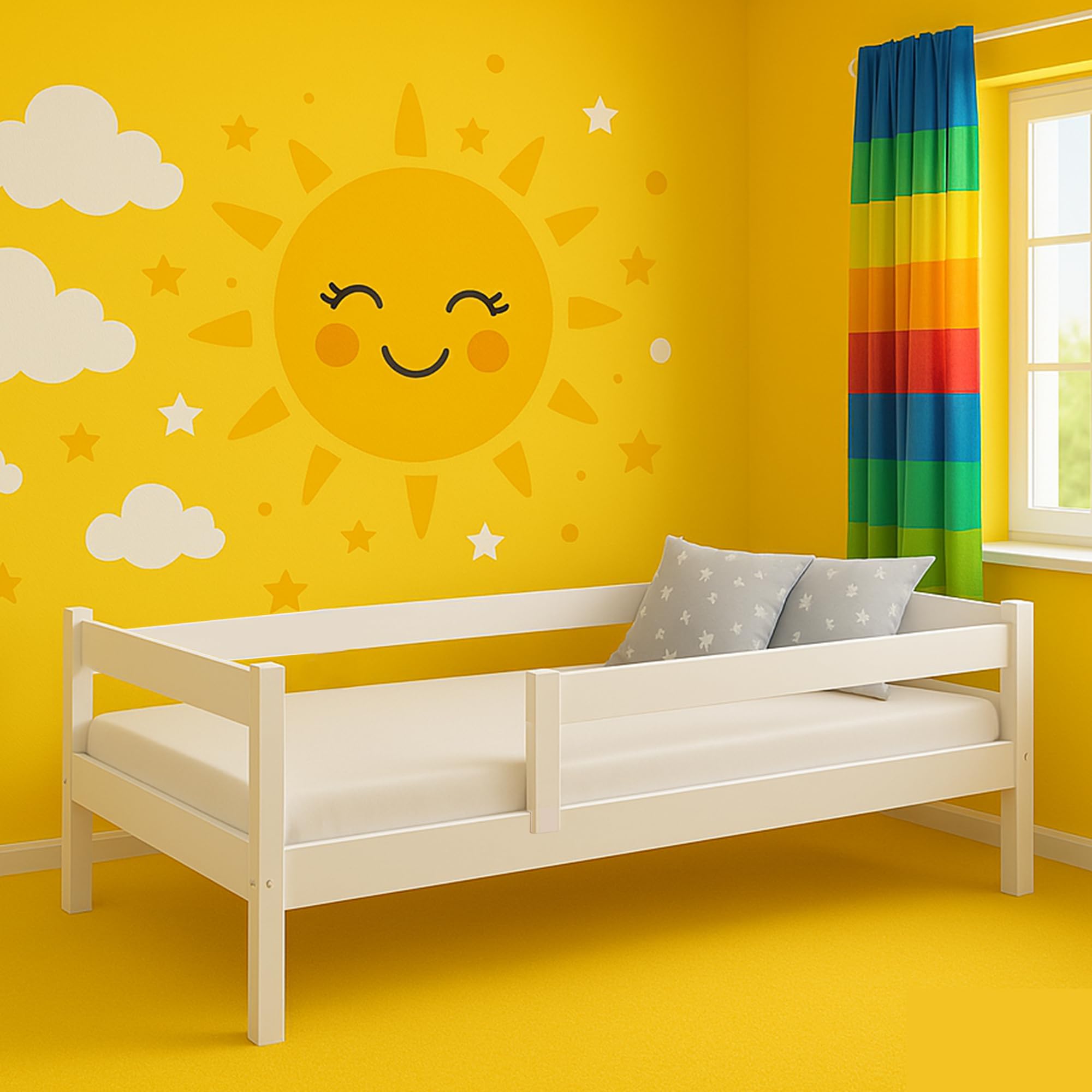 Kinderbett 90x200 cm mit Rausfallschutz & Lattenrost in Weiß, Einzelbett aus Kiefernholz für Kinder Mädchen Jungen Bett
