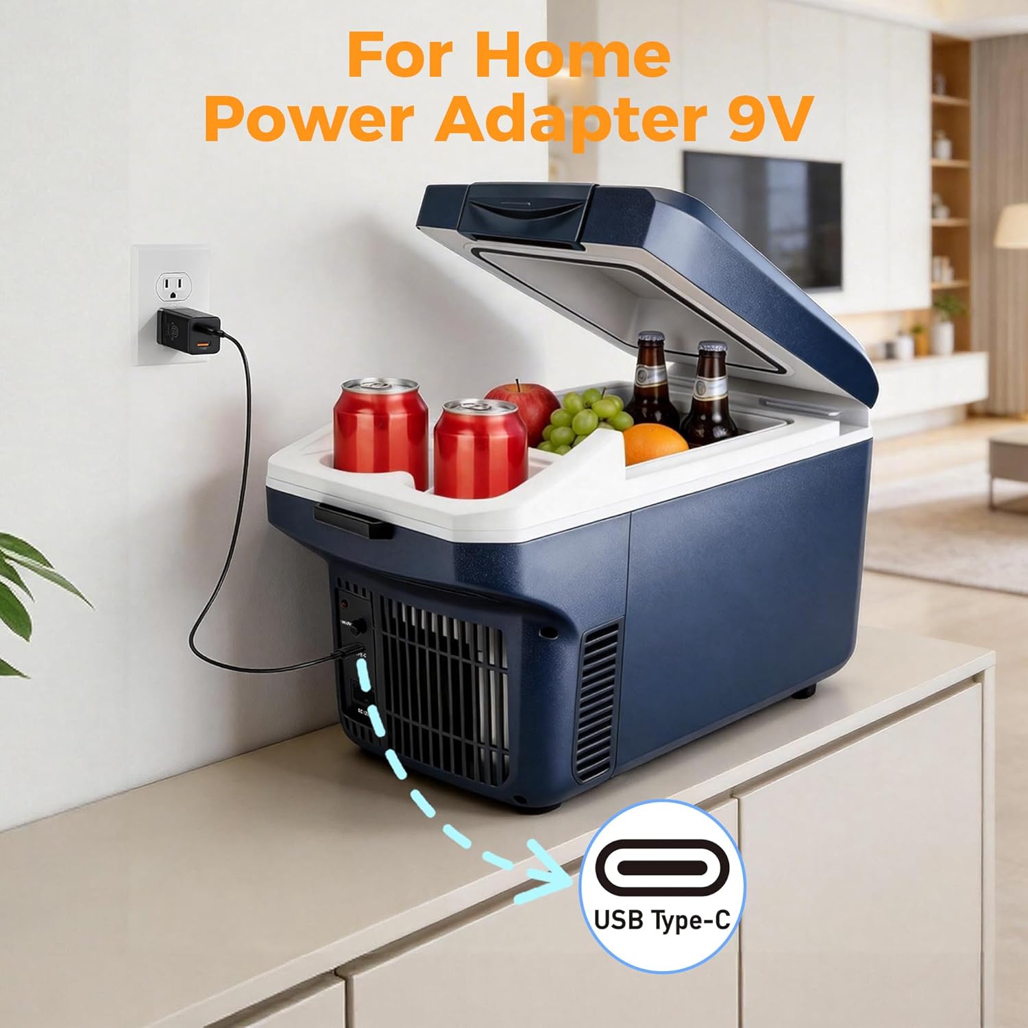 Iceblue Electric Cooler with Type-C, 8 Liter /11 Cans Mini Fridge with Belt, 9V Type-C Thermoelectric Dual-use Car Refrigerator, Car Fridge for Car, Dorm, Travel, Picnic, Gift - Blue