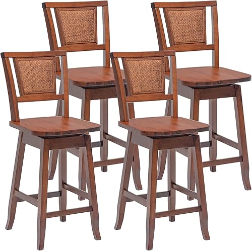 COSTWAY Juego de 4 taburetes de bar de 24.5 pulgadas de altura de mostrador con respaldo de ratán, asiento giratorio de 360, cómodos reposapiés,