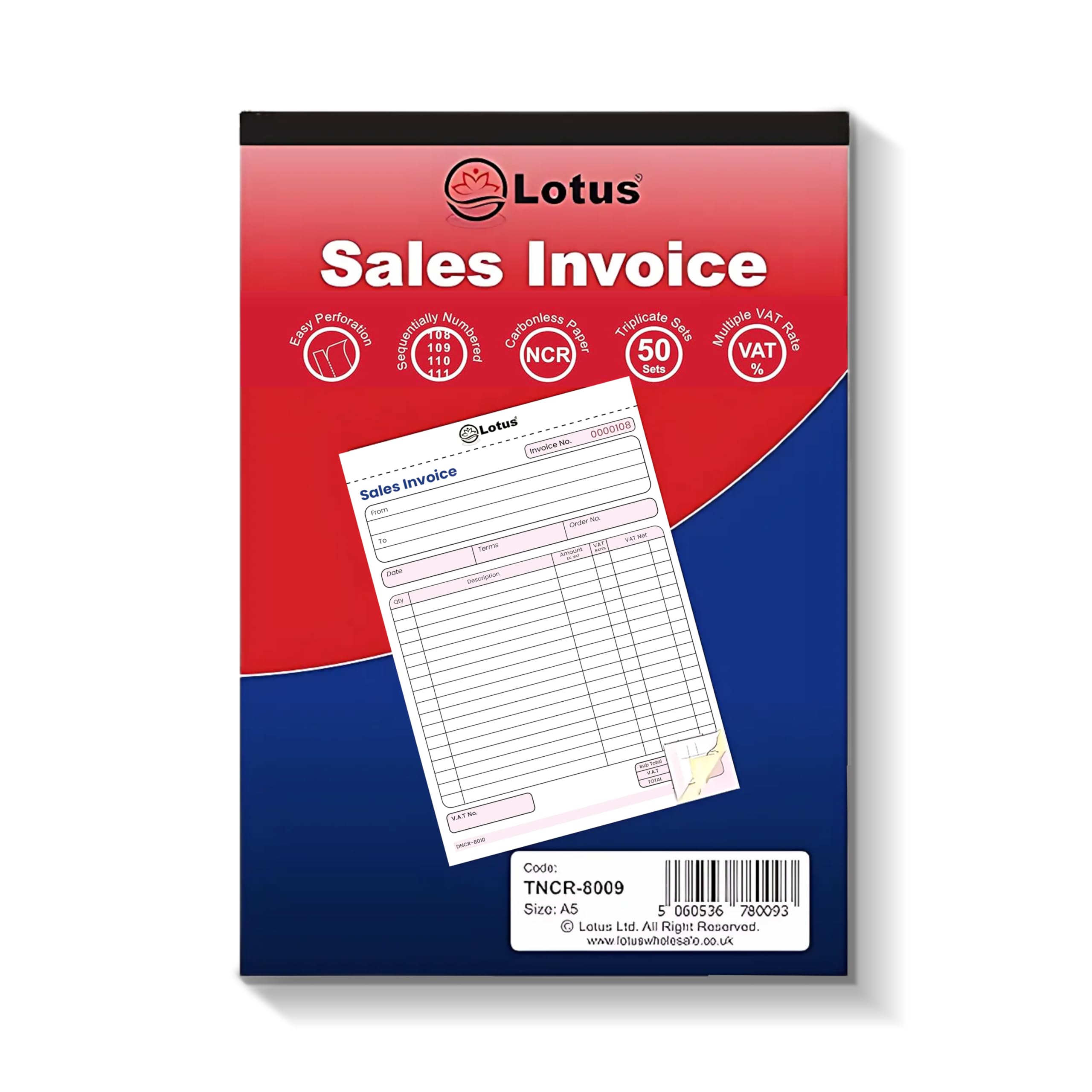 Triplicate Sales Invoice Receipt Book A5 143x210mm, 3-Part NCR, 25 Books