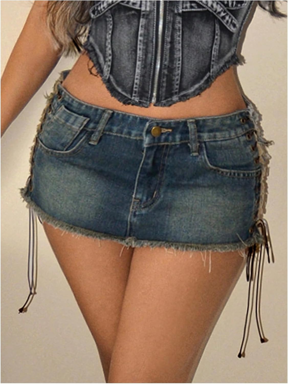 WDIRARA Women's Lace Up Side Bodycon Denim Mini Skirt Y2k Low Rise Frayed Hem Jean Skirts - Image 5