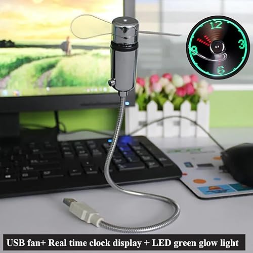 Miniatura 2 de Ventilador de reloj USB con pantalla en tiempo real, mini ventiladores de refrigeración flexibles portátiles con luz LED para oficina en casa (1)