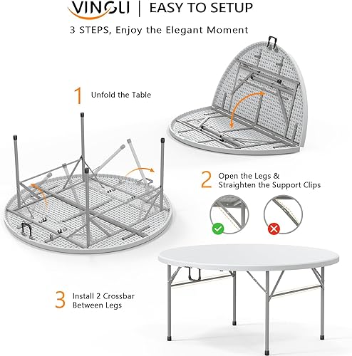 Miniatura 5 de VINGLI Mesa comercial redonda biplegable de 48 pulgadas mesa de comedor de plástico portátil de 4 pies para cocina o fiesta al aire libre evento de
