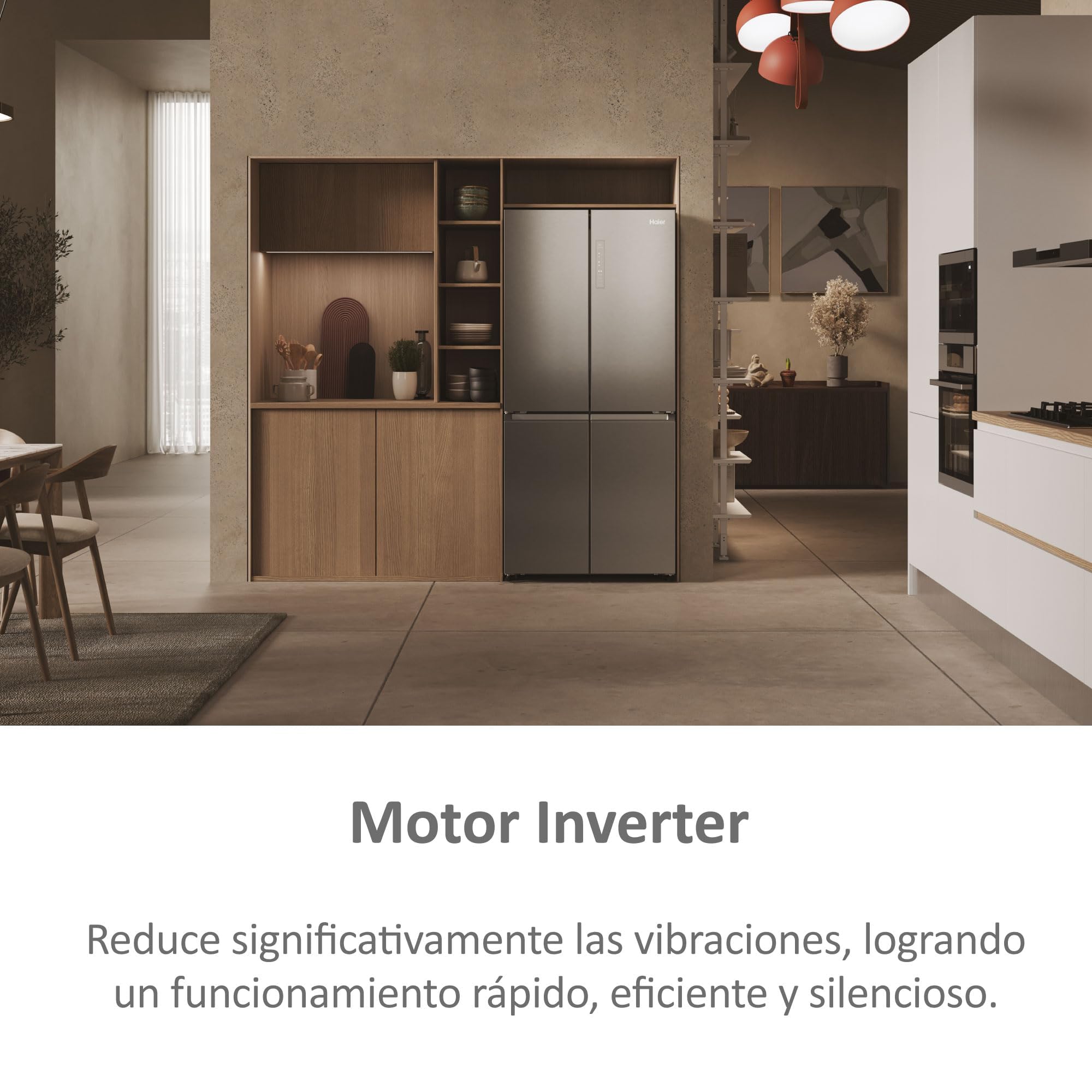 Haier Cube 83 Series 3 HCR3818ENMM - Frigorífico 4 Puertas, Display LED, Función Cooling y Freezing, 467L, Tiradores Integrados, Total No Frost, Ancho 83cm, Motor Inverter, Luz LED, Inox