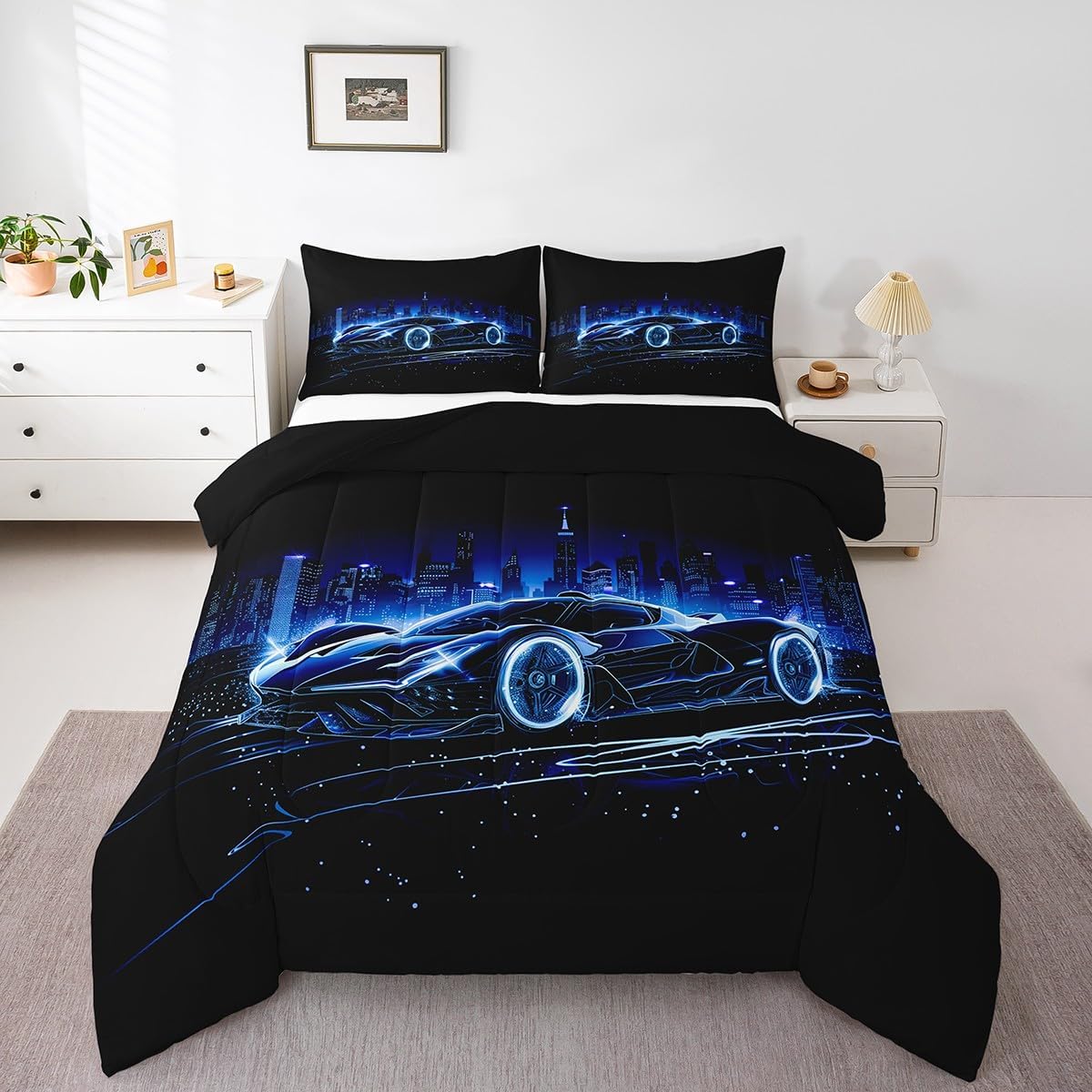 Feelyou Kids Blue Race Car Comforter Twin Size, Speed Sports Car Comforter Set Boys Girls Racing Car Bedding Set Extreme Sports Teens Duvet Set Bedroom Decor 2Pcs