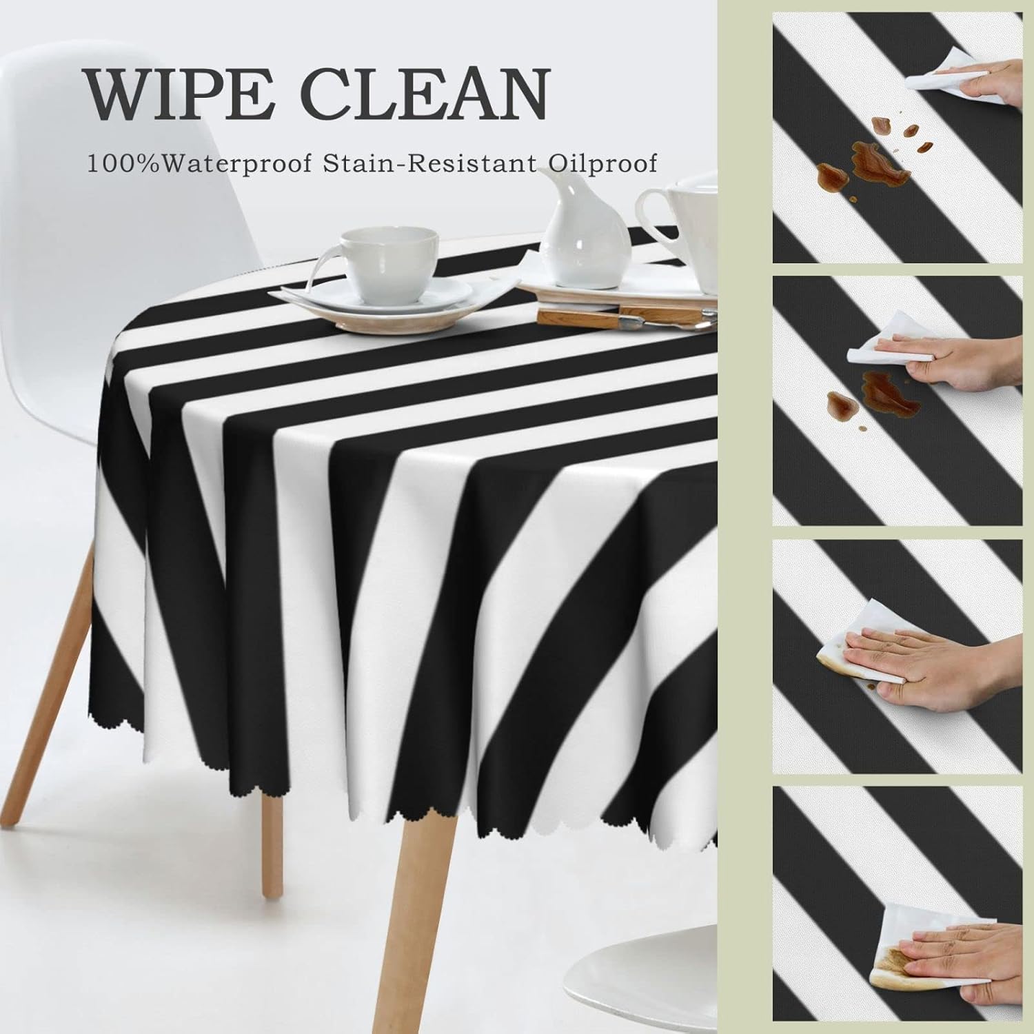 Striped Pattern Round Table Cover,Waterproof Fabric Decorative,Reusable Table Clothes,Wipeable Spill Proof Wrinkle Resistant for Kitchen Dining Dinner Shower Parties(60 inch,Black White)