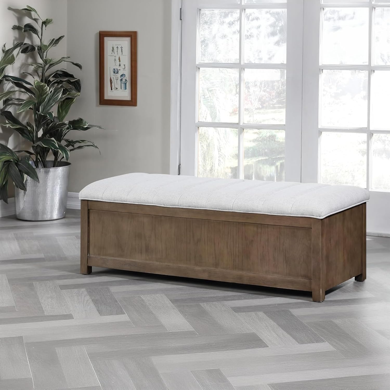 50" Wide, Shoe Storage Bench Organizer, Holds 18+ Pairs of Shoes & Sneakers, Mudroom, Bedroom Furniture, Entryway Organization, Mid Century Design, Cream Texture Linen, 50