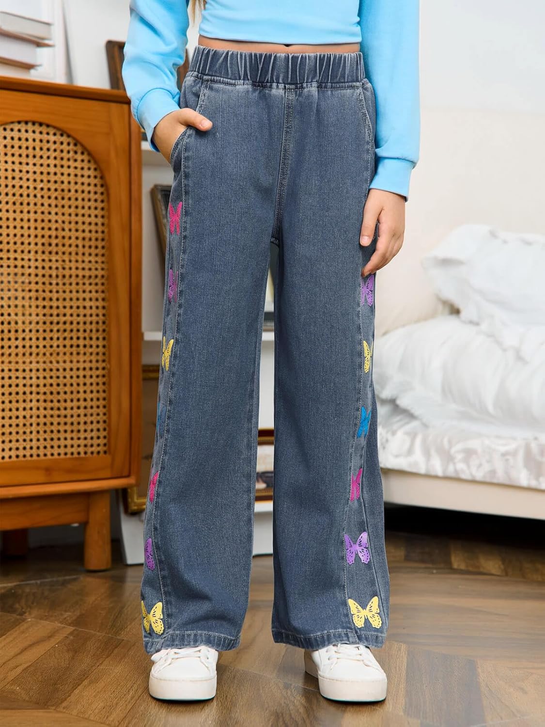 Haloumoning Girls Butterfly Print Jeans Kids Elastic Waist Wide Leg Denim Baggy Pants with Pockets 5-14Y - Image 2