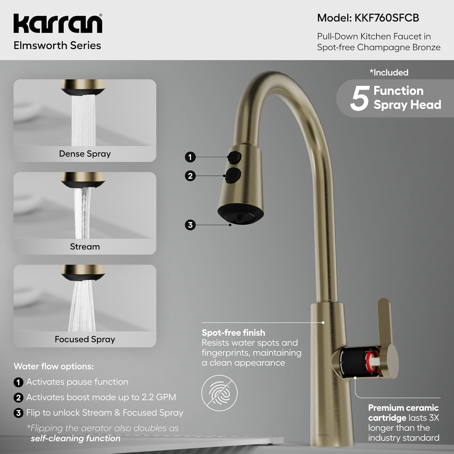 Karran Elmsworth Commercial Style Pull-Down Kitchen Faucet with Dual Interchangeable Spray Heads 5-Function Revolve MAX & 3-Function Revolve Mini Aerator High-Arc Spout (Spot Free Champagne Bronze)