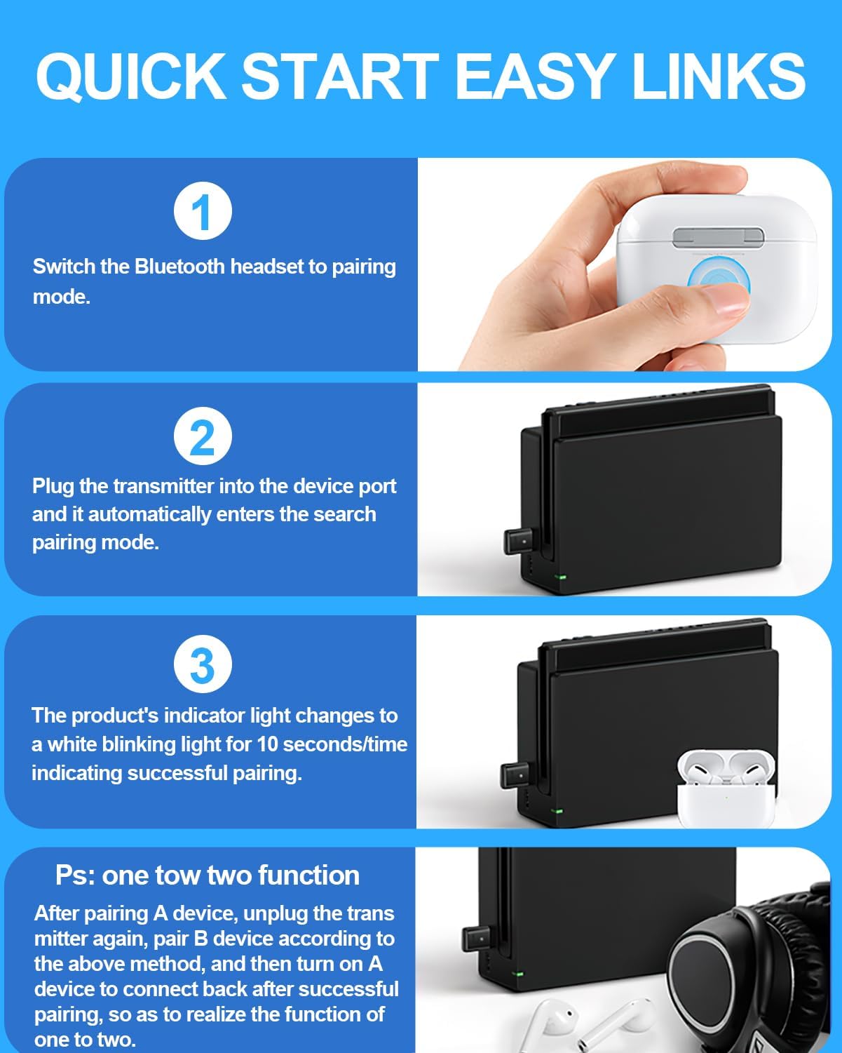 USB Bluetooth 5.3 Adaptador para PS5/PS4/PC/Switch, 3 Mbit/S Baja Latencia Adaptador Bluetooth 5.3 Receptor Transmisor De Audio USB para Macos/Windows/Altavoces/Auriculares, Plug and Play