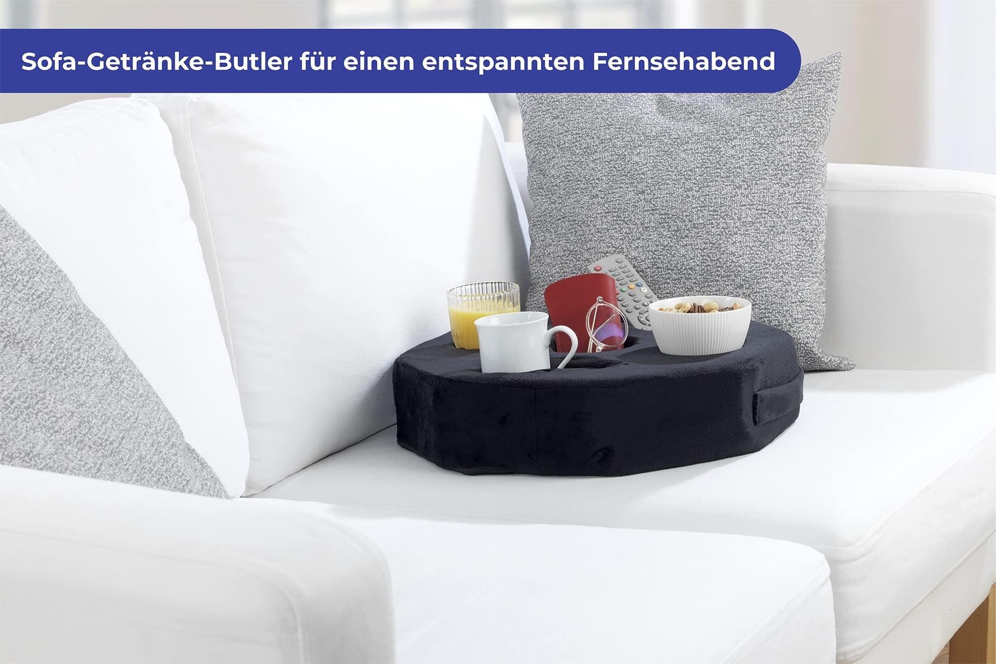 Maximex Sofa-Getränkebutler, Rutschfester Getränkehalter für die Couch oder im Auto, Dickes Schaumstoffkissen zur kleckerfreien Getränke-Halterung, inklusive Warm-/Kalthaltung der Getränke