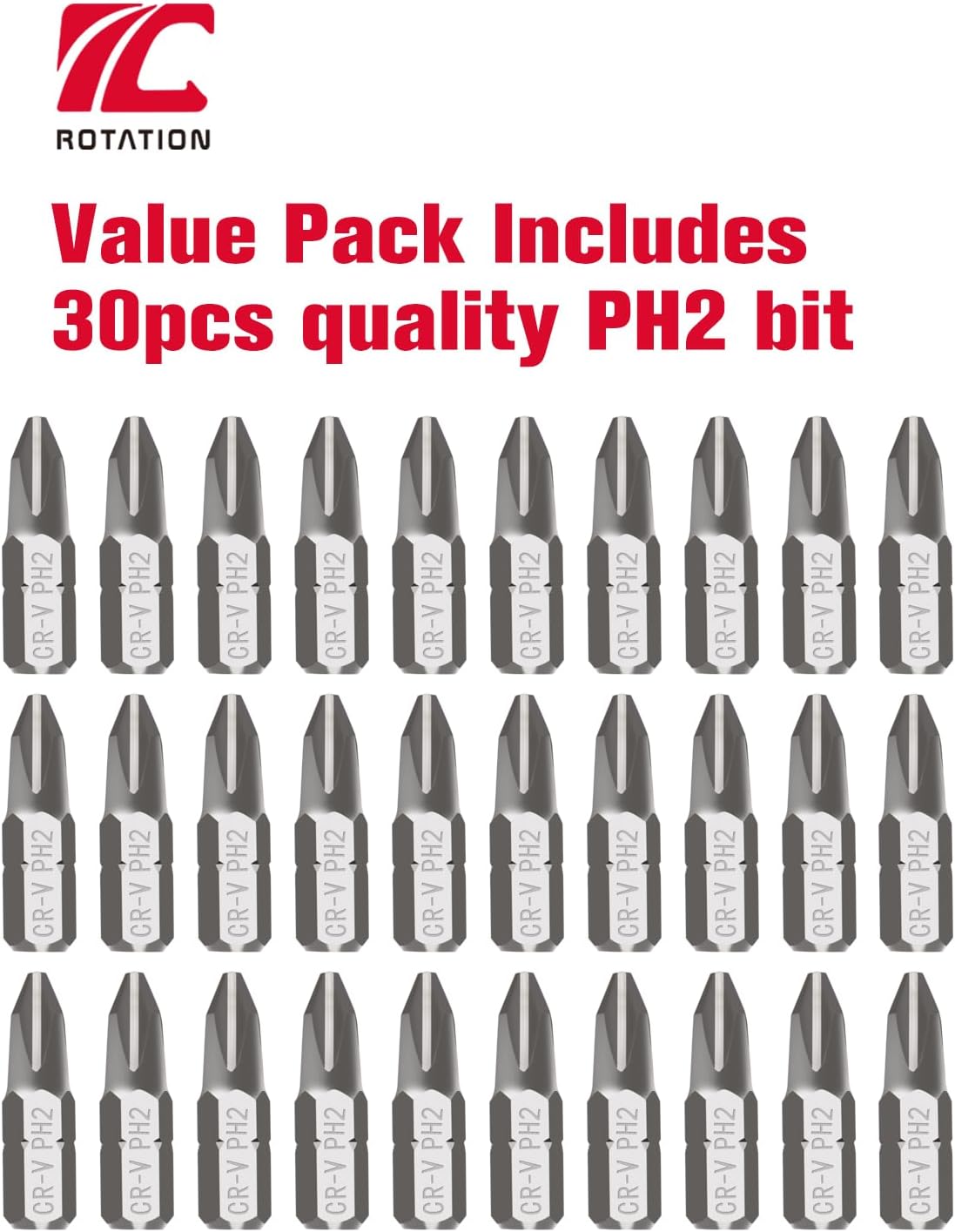 ROTATION 30-Piece Phillips #2 Bit Set PH2, Impact Grade, 1/4-inch Hex Shank, Chrome Vanadium Steel