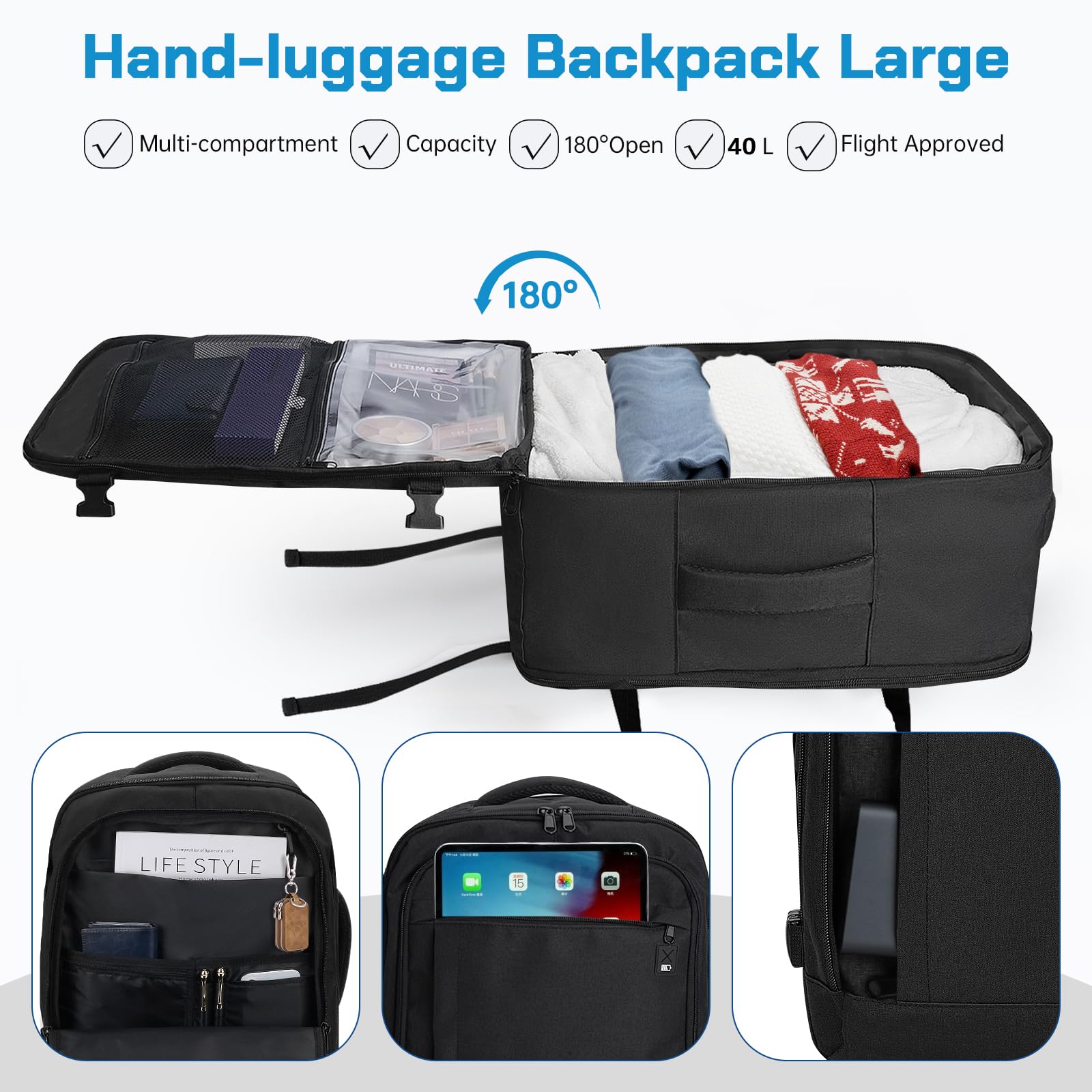 Vinstatin Zaino Ryanair 45x20x35 (40L) Zaino da Viaggio per Donne e Uomini,17.3 Zoll Zaino Aereo con 4 Sacchetti Organizzatori,Bagaglio a mano Borsa Viaggio Cabina Zaino Travel Viaggio Casual