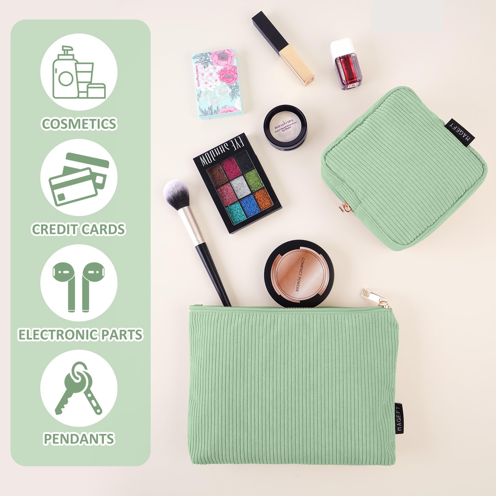 Makeup Bag MAGEFY 2Pcs Small Makeup Bag for Purse Travel Cosmetic Bag Corduroy Makeup Pouch Portable Versatile Zipper Make up Bag for Womem Green - Image 3