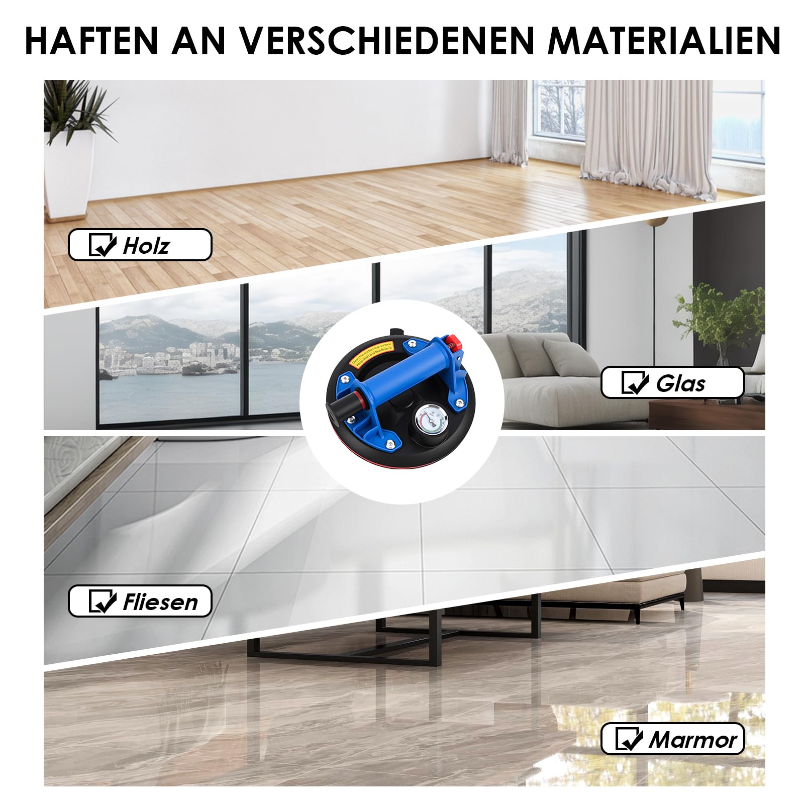 2er-Set 8" Saugheber mit Manometer, Glassauger Tragkraft Max. 200KG, Vakuum Fliesenheber mit Tragbarer Werkzeugkasten, für Glas, Fliesen, Marmor, Blau