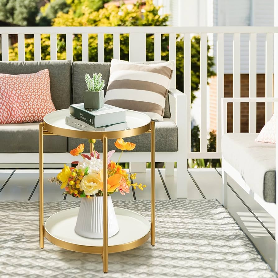 Amazon｜TeoKJ 2段ゴールドサイドテーブル 折りたたみ式ラウンド