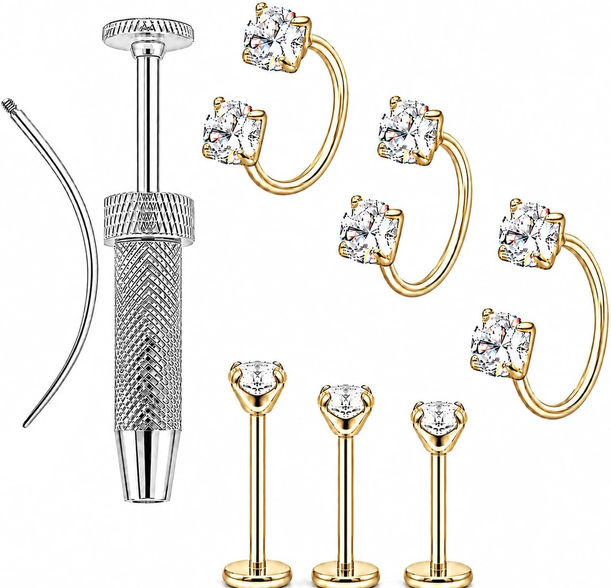 6PCS Nose Piercing Jewelry Set with Insertion Tool, 18G Surgical Steel CZ Horseshoe Septum Rings and Flat Back Nose Studs, 6mm 7mm 8mm Nose Rings for Women Men