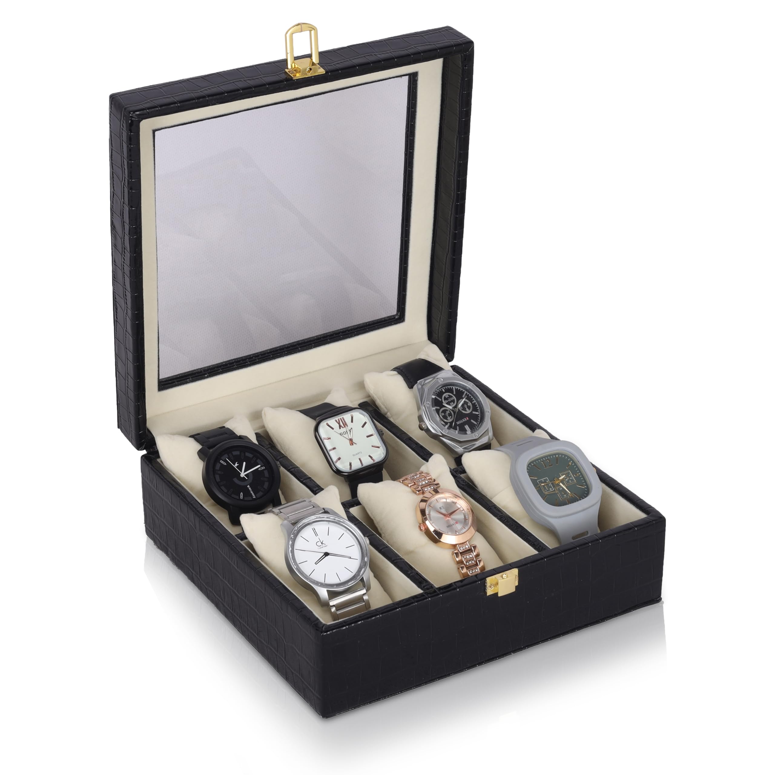 Aqsa PU Leather 6 Slot Watch Case Box for Men and Women Ultimate Watch Box Organizer with Soft Pillow Transparent Display Watch Case Holder for Travel (Black) (B0CL9MY12L) Amazon Price History, Amazon Price Tracker