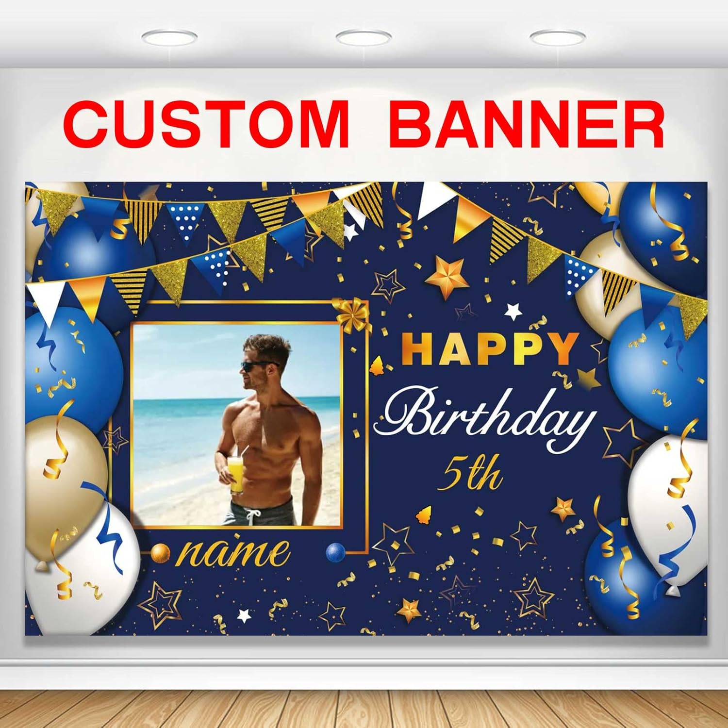 Custom Navy Blue and Gold Happy Birthday Sign Birthday Party Decorations Supplies Personalized Navy Blue Backdrop Banner (6x9ft)