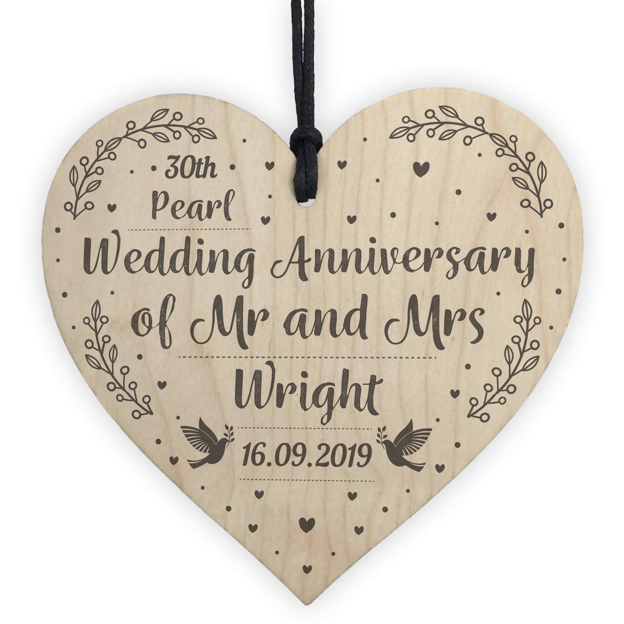RED OCEAN 30th Pearl Wedding Anniversary Personalised Wood Heart Mr & Mrs Keepsake Sign