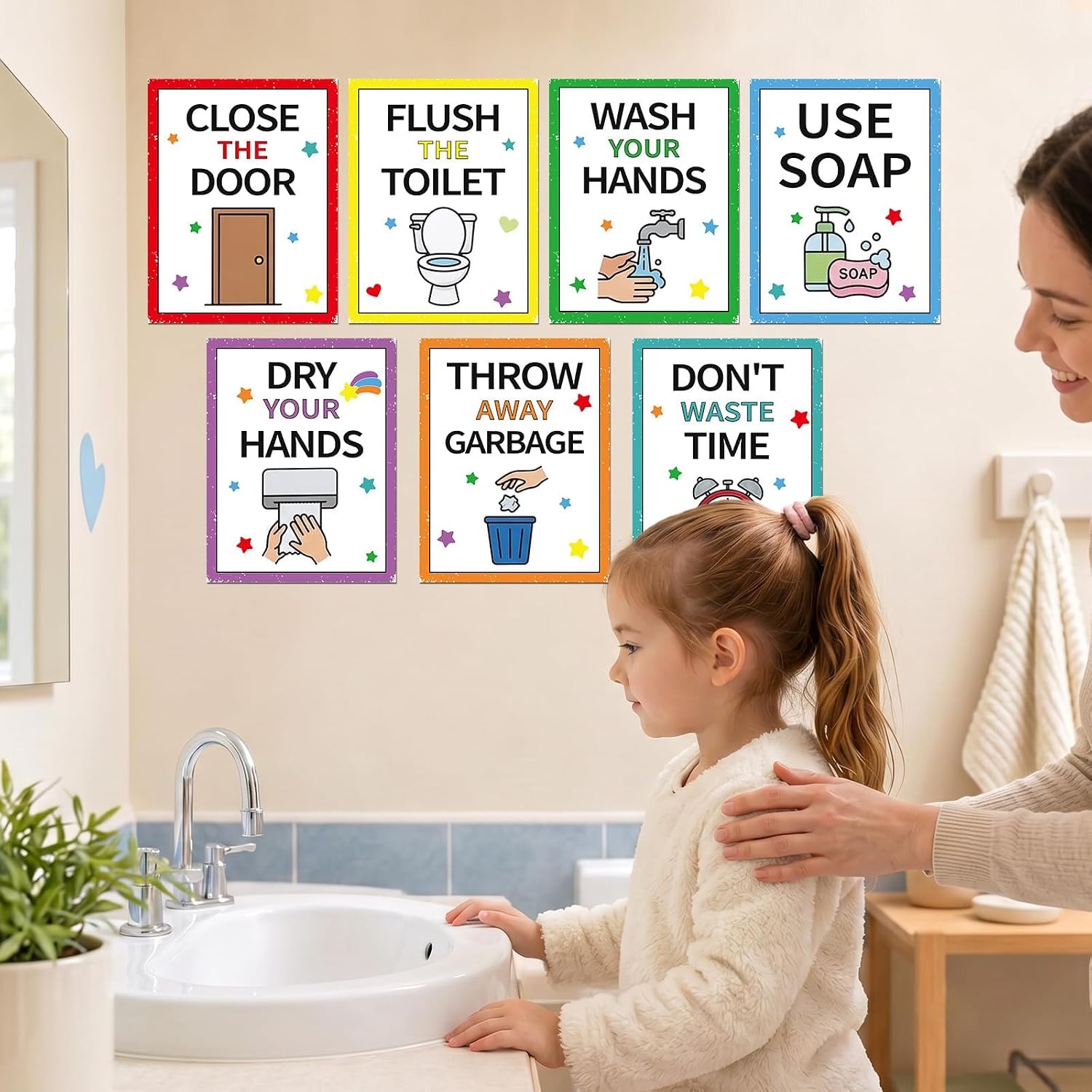 Large Bathroom Rules Posters, Step-by-Step Handwashing & Potty Training Guide Cards, 14 Inch Funny Etiquette Wall Art Decor for Home, Nursery, Kindergarten, Classroom & School Restroom - Colorful Classic image 5