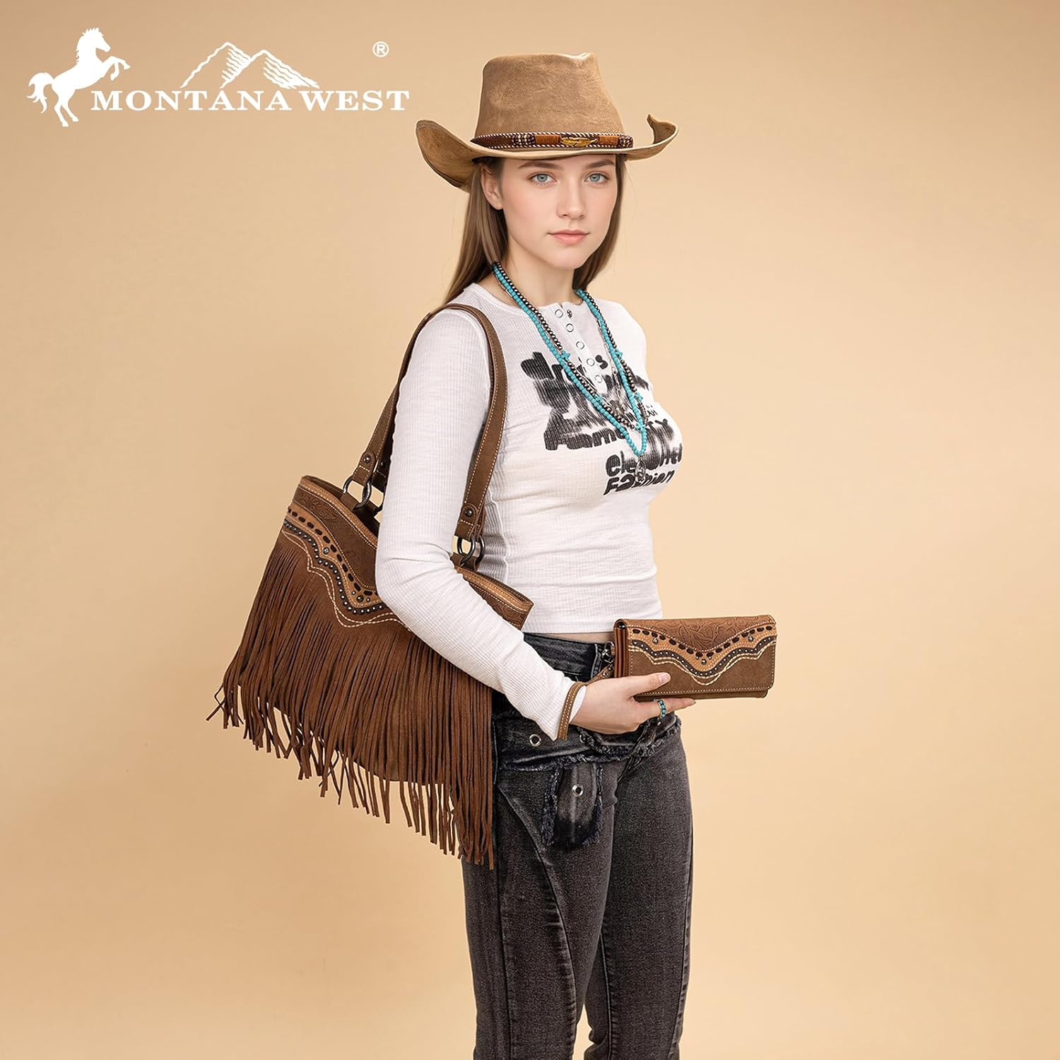 Montana West Western Tote Bag for Women Tooled Fringe Purse and Handbag with Wallet - Image 2