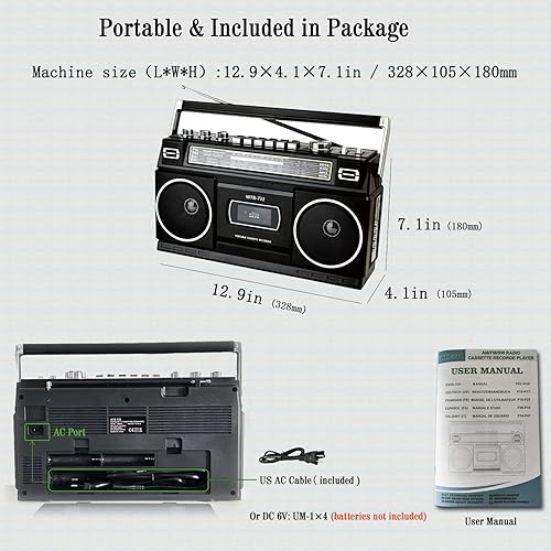Miniatura 8 de Boombox portátil estilo retro clásico de los años 80 con grabadora de cassette, radio AMFMSW1SW2, Bluetooth, ranuras USBMicro SD, conector para