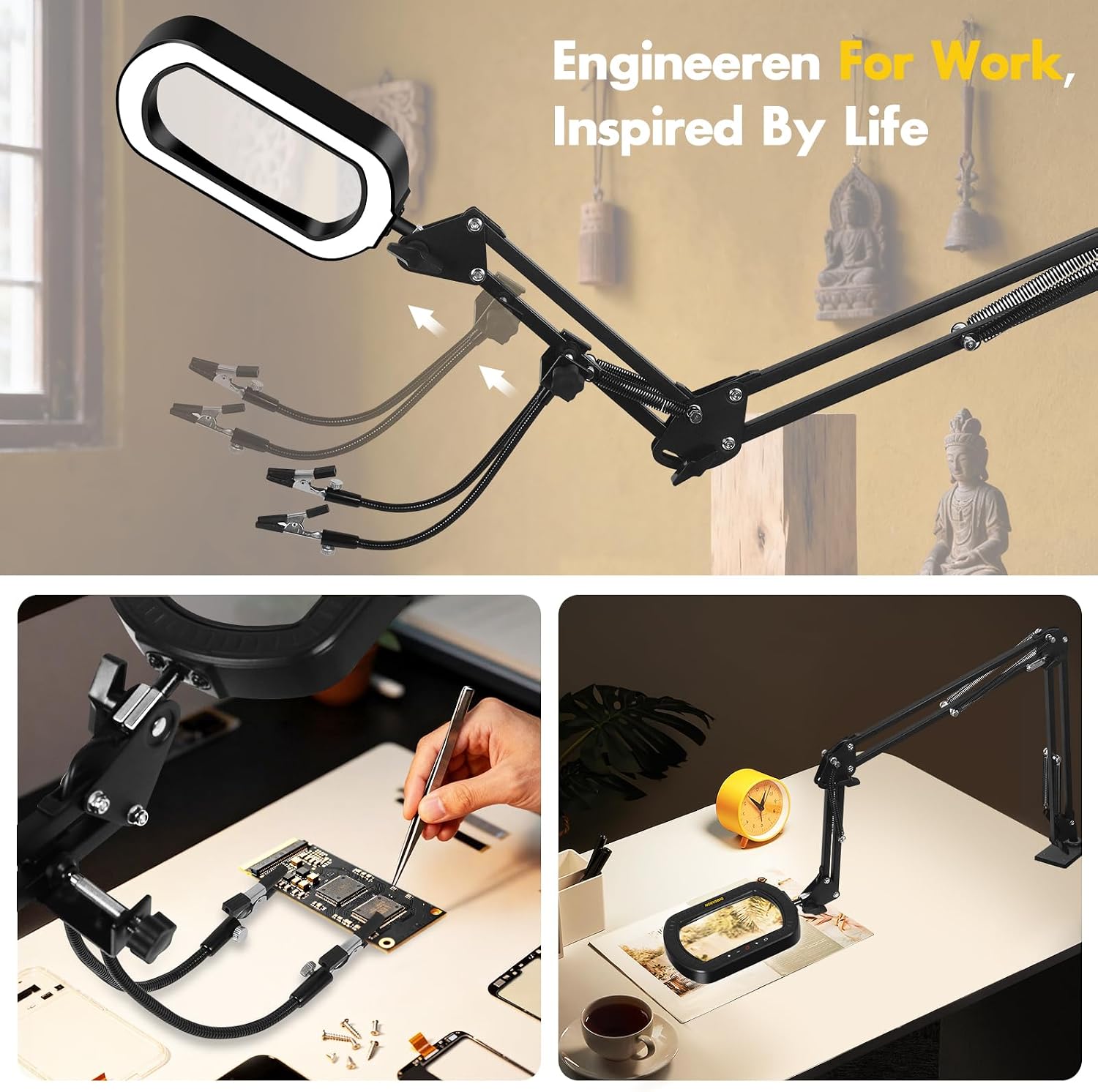 Helping Hands Soldering Station with 10X Ultra Long Magnifying Lamp | 2-in-1 Helping Hands Magnifier, 3-Section Swing Arm, Real Glass Lens, 5 Color Lighting For PCB Soldering & Electronics Repair