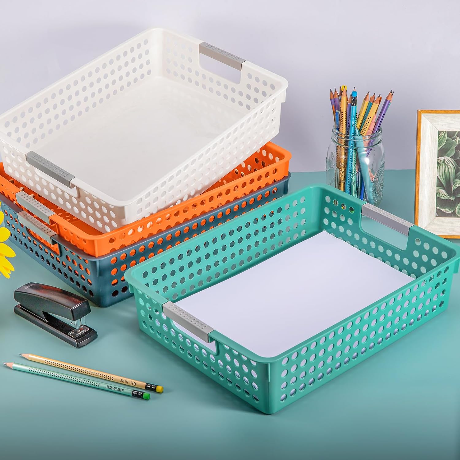 Turn in Trays Classroom,4 Pack Paper Trays for Classroom,Plastic Storage Baskets with Handles,Colorful Classroom Organization and Storage Paper Tray Holds for Drawers, Office, Home (4 Color)