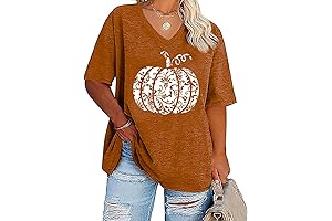Festive Comfort: Plus Size V Neck Pumpkin Tee for a Charming Halloween