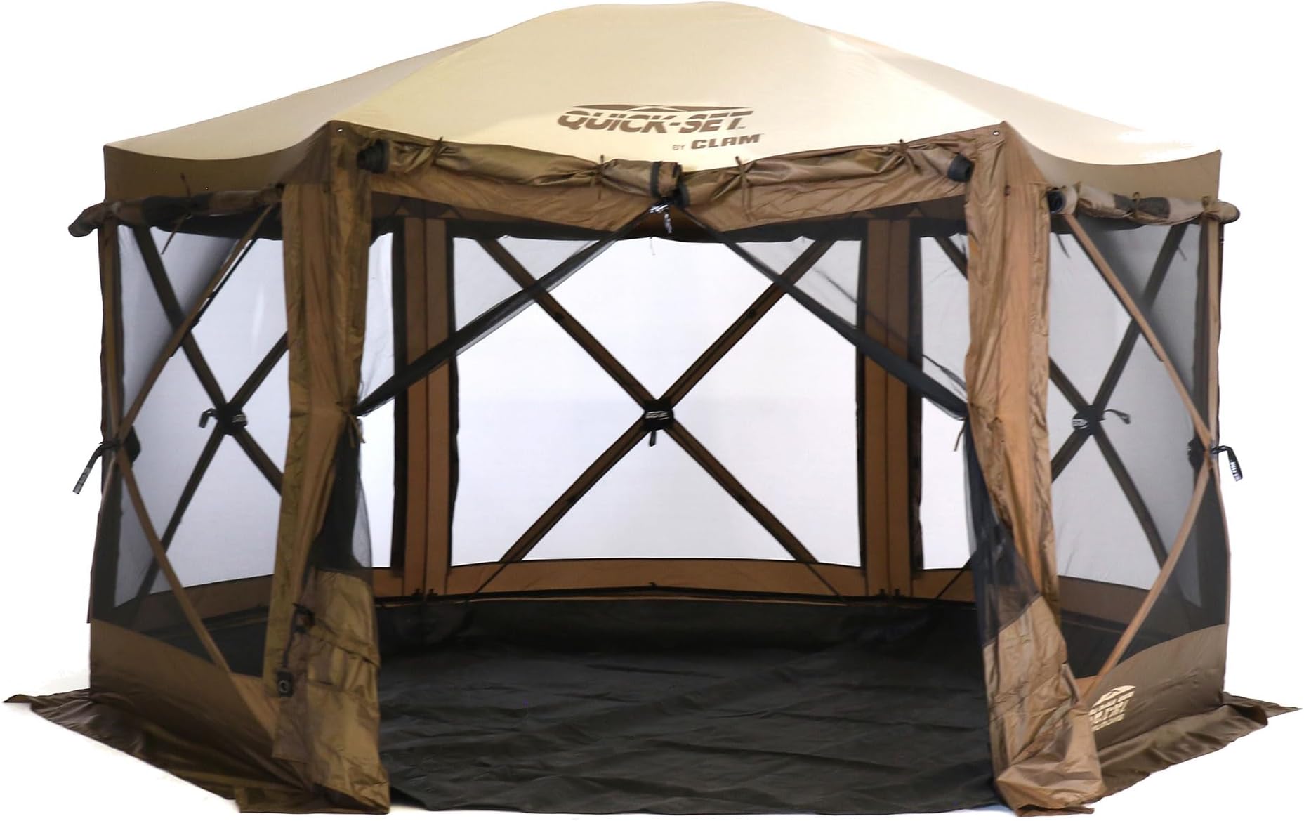 Clam Pop Up Screen Tent, Outdoor Camping Gazebo Canopy, 12.5', Brown - Heavy-Duty Portable Screened Shelter with Netting for Beach, Patio, and Backyard