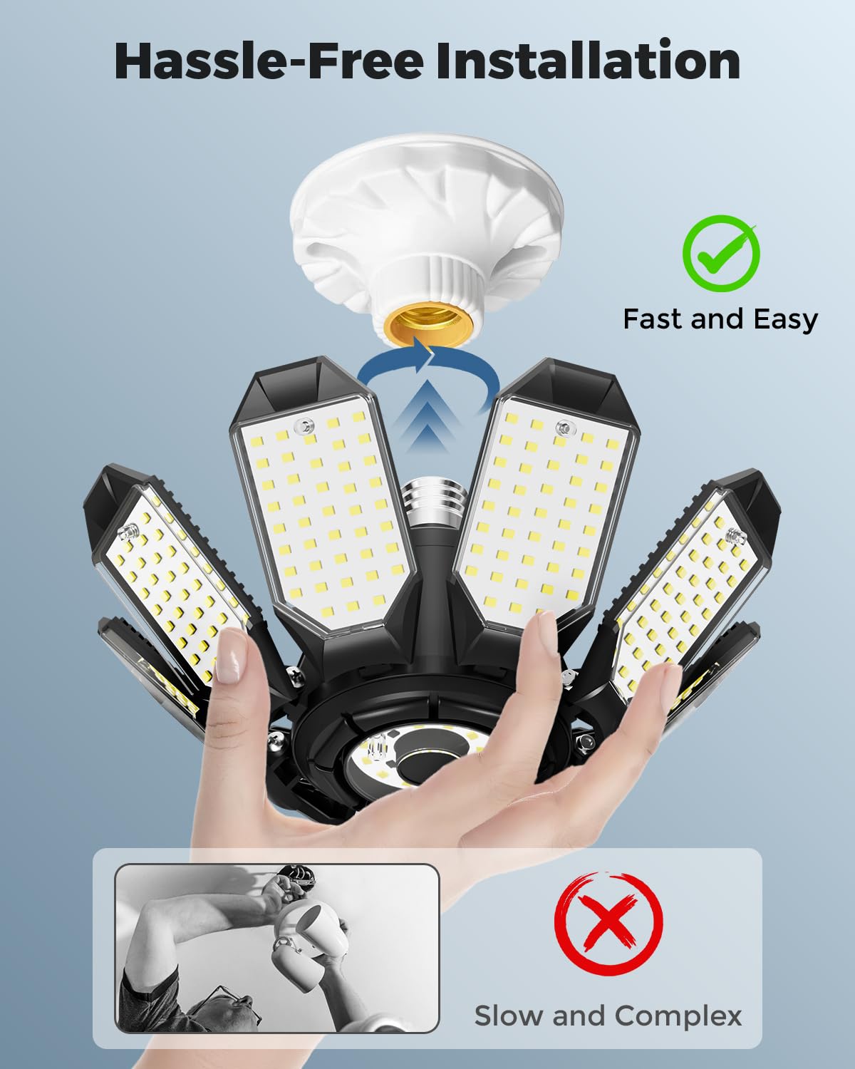 Adiding LED Garage Ceiling Lights 2 Pack w 8 1 Adjustable Panel Super Bright 28000LM Deformable Basement Light — view 4