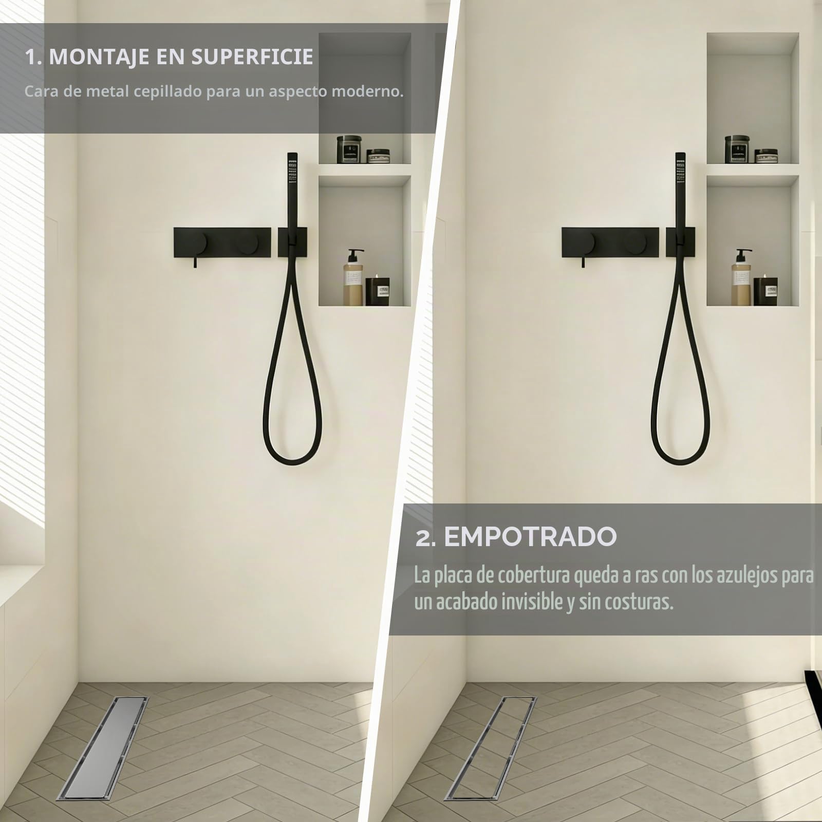 EFUTURETIME 70cm Canaleta de Ducha de Acero Inoxidable con Sifón de 360° Antioσμosis y Filtro, Desague Ducha Lineal Panel 2 en 1 con Tubo de Conexión DN40/DN50 Drenaje Rápido para Duchas Walk-in
