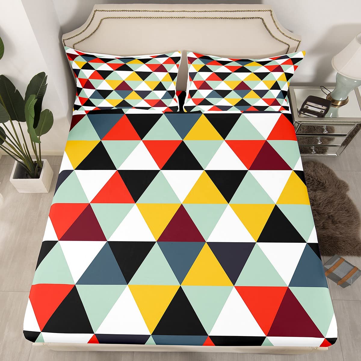 Set di biancheria da letto con lenzuolo con angoli colorati triangolari per letto king size, rosso, blu, verde, giallo, geometrico, nero, bianco, geometria, per bambini, ragazzi, ragazze, 2 federe