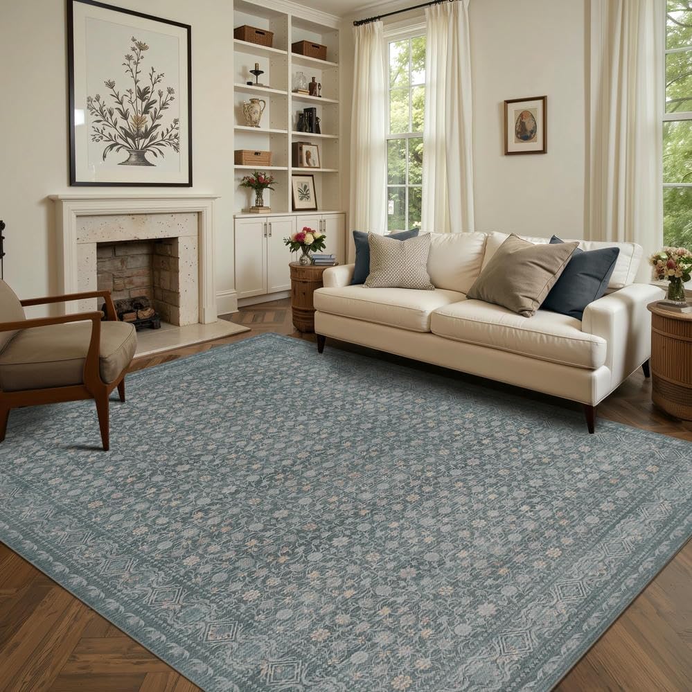 Area Rugs 5x7, Washable Rugs for Living Room, Vintage Boho Light Blue Rug for Dining Room, Dining Room, Kids Room and Farmhouse, Durable Low Pile Non-Slip Area Rug for High Traffic Areas(Blue)