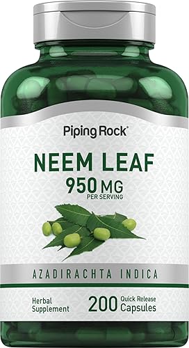 Piping Rock Cápsulas de hojas de neem  950 mg  200 píldoras en polvo  Suplemento de extracto de hierbas  Azadirachta Indica  Sin OMG, sin gluten