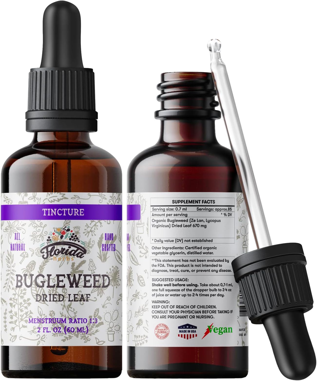 Bugleweed Tincture, Organic Bugleweed Extract (Ze LAN, Lycopus Virginicus) Herbal Supplement, Non-GMO in Cold-Pressed Organic Vegetable Glycerin 700 mg, 2 oz (60 ml)
