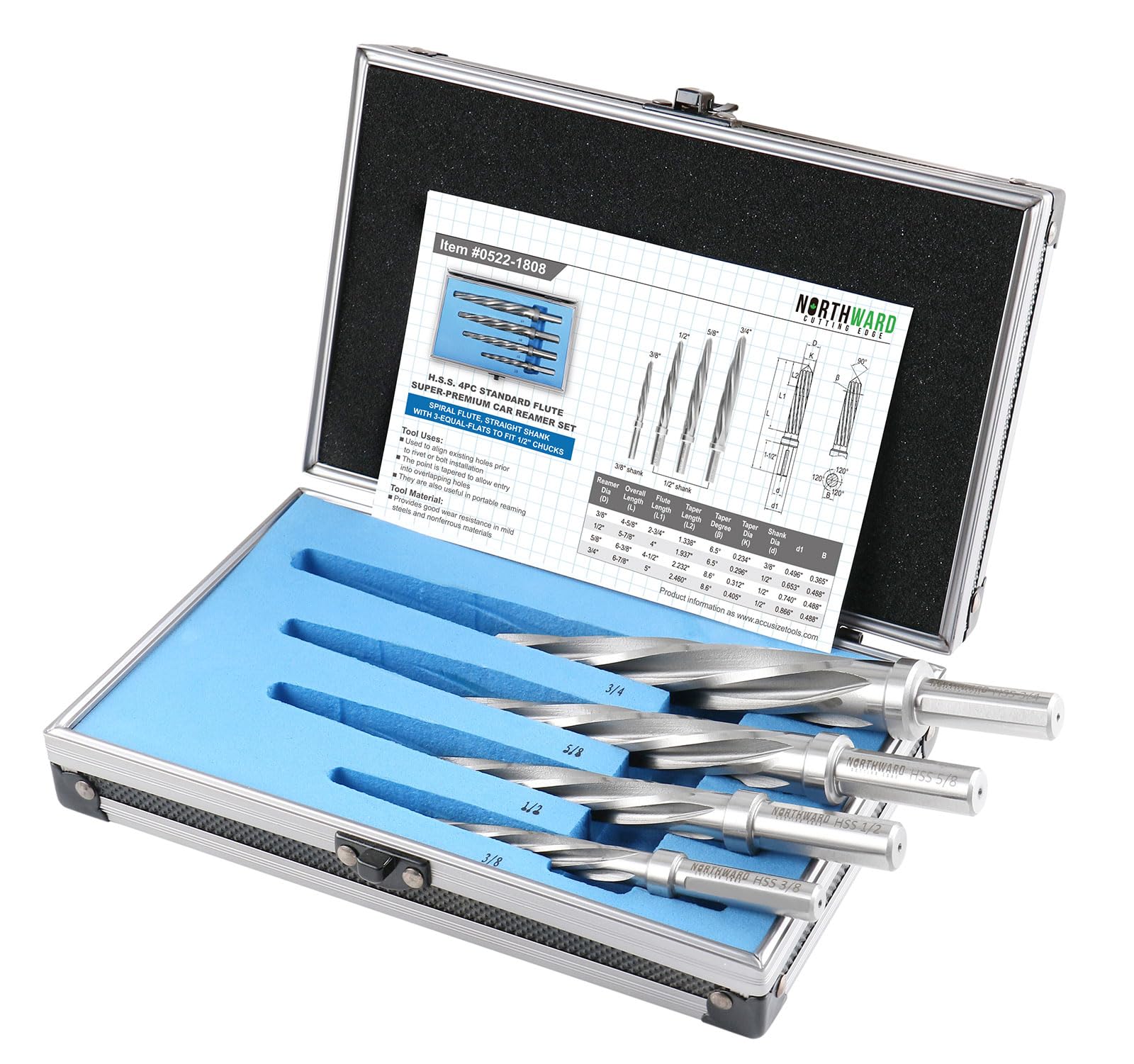 Accusize Industrial Tools 4 szt. H.S.S. Standardowy spiralny flet Super Premium zestaw rozwiertak samochodowy, 3/8", 1/2", 5/8", 3/4", pasuje do uchwytu chwytowego 3/8" lub 1/2", 0522-1808