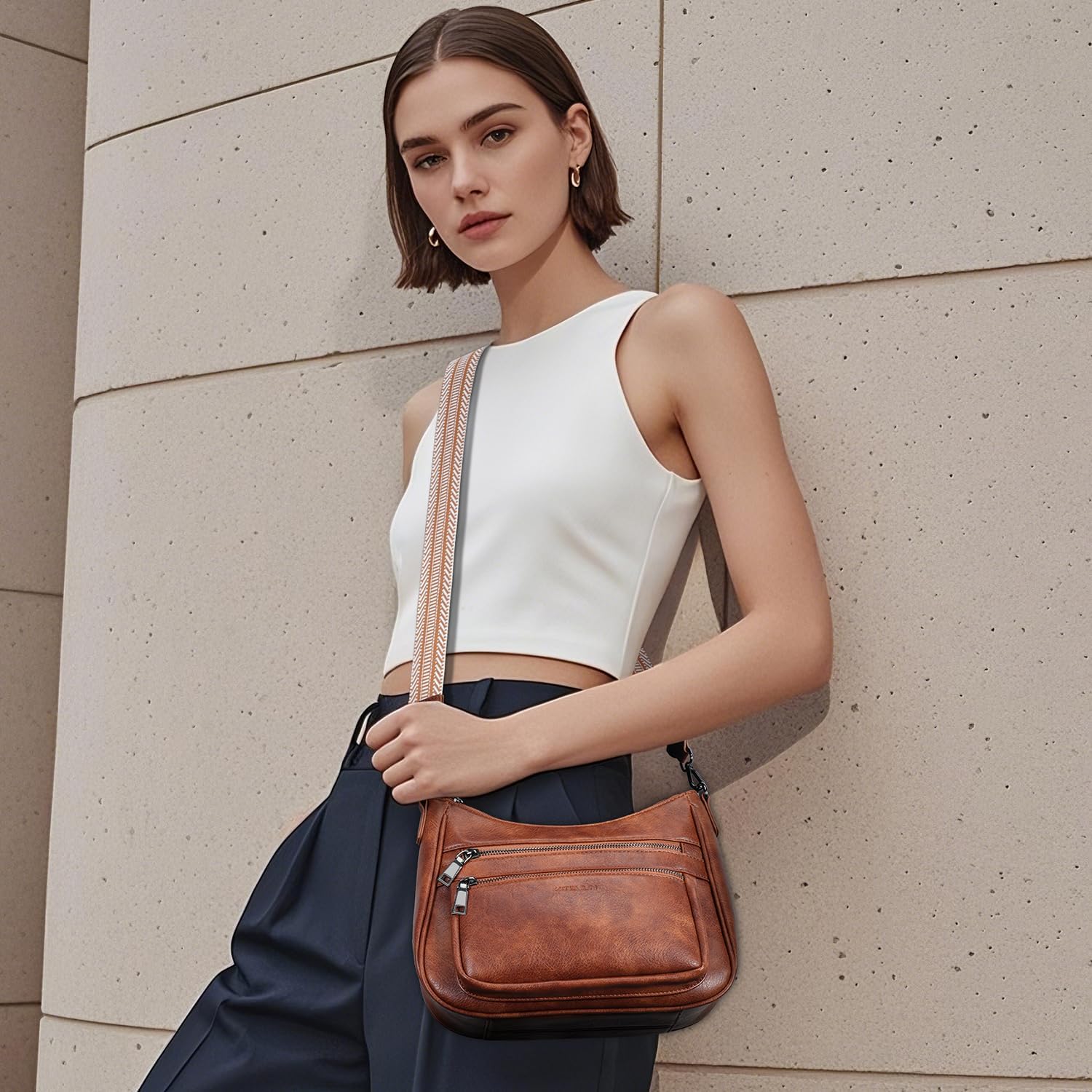 Crossbody Bags for Women Leather Purse Trendy Multi Pocket Shoulder Handbags with Adjustable Guitar Strap - Image 2