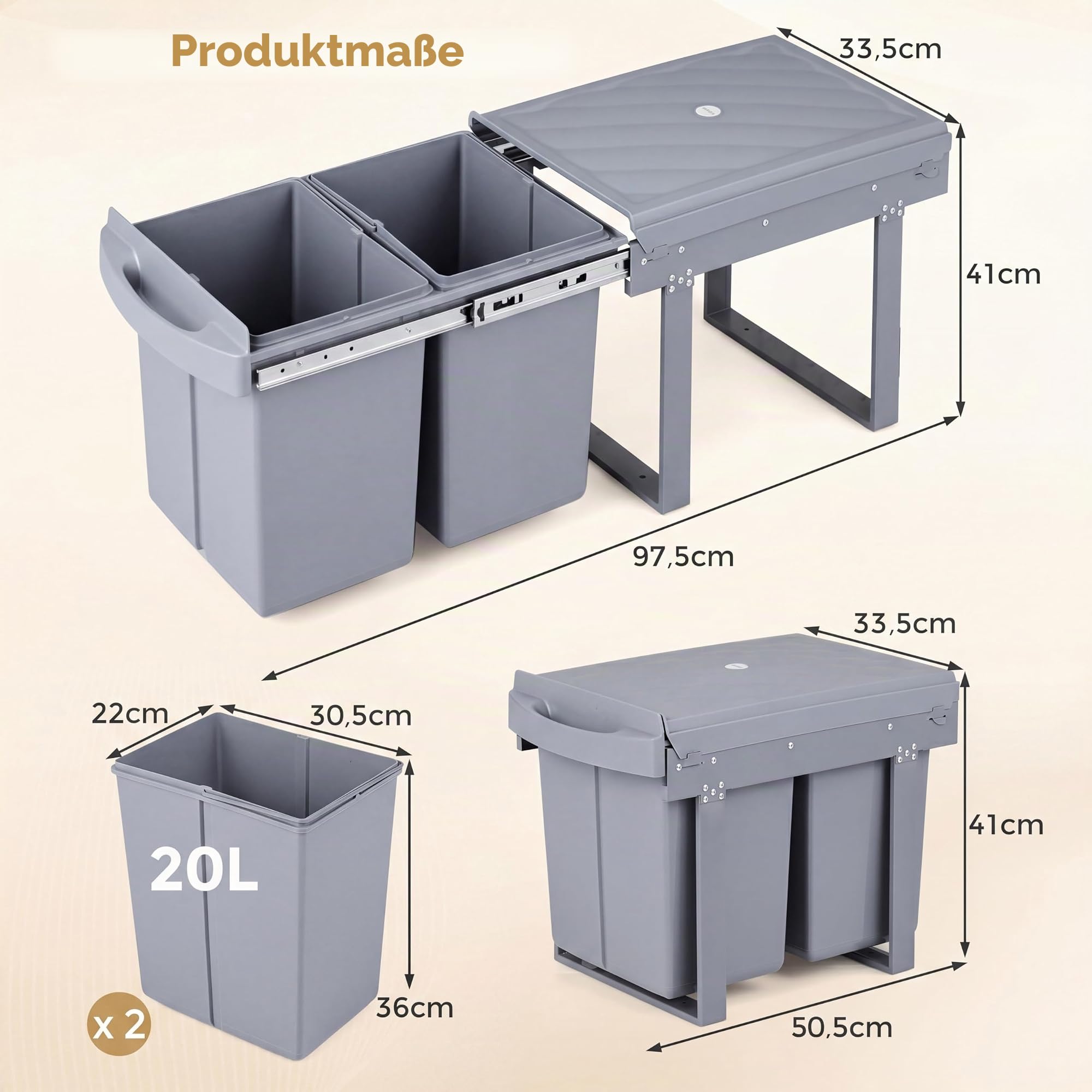 LIFEZEAL Abfallsammler 20L+20L, Ausziehbarer Einbaumülleimer für Unterschrank, Mülltrennsystem Küche mit 2 herausnehmbaren Fächern, Abfalleimer Mülleimer für Schränke, 50,5 x 33,5 x 41 cm, Grau