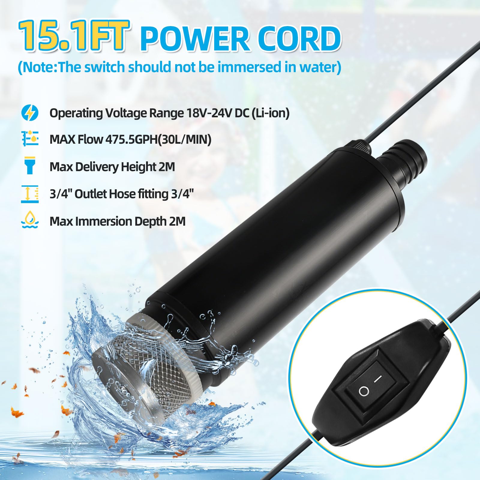 Bomba de agua sumergible a batería, compatible con batería Bosch de 18V, bomba de agua portátil con caudal de 475,5 GPH, bomba de elevación de agua de 15,1 pies para vaciar piscinas, para