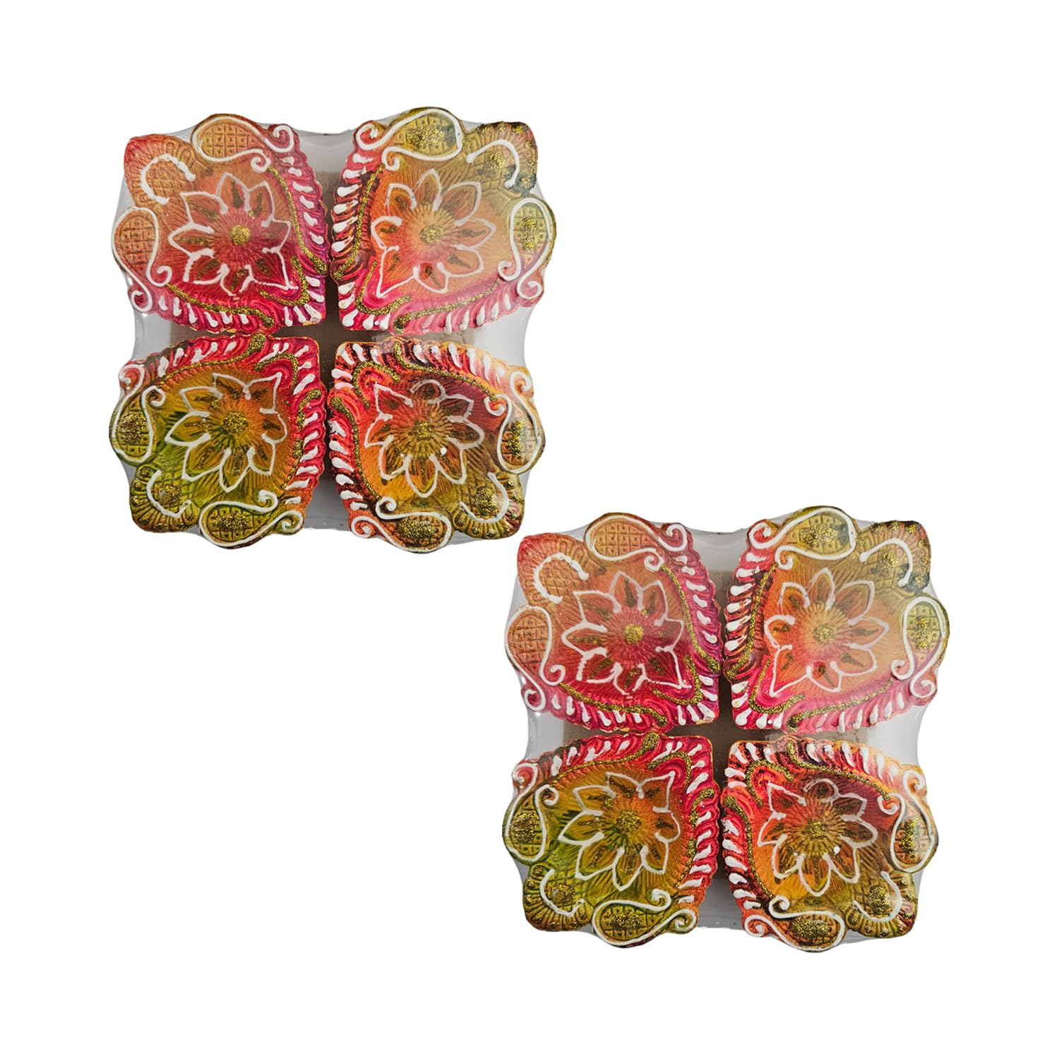 One Stop Dealers - Exquisite Decorative Diya for Diwali - Handcrafted Clay Lamp with Intricate Design | Set of 4 | Cultural Celebrations, Hassle-Free Maintenance (Pack of 2)