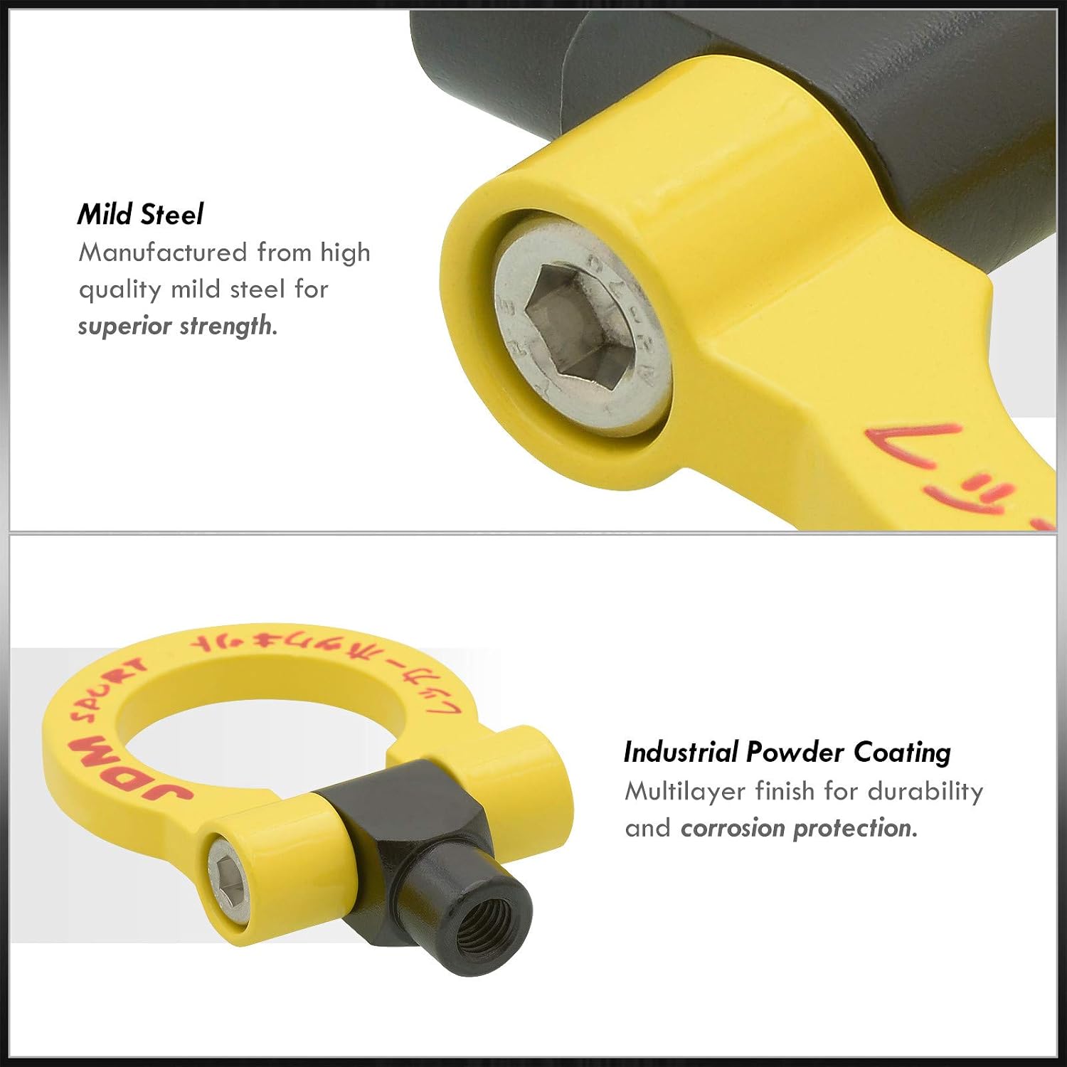 AJP Distributors Track Drift Style JDM Sport Heavy Duty Mild Steel Coated Yellow Front Rear Folding Screw Bolt On Tow Towing Hook 2" Ring 4.5" M12 x 1.75