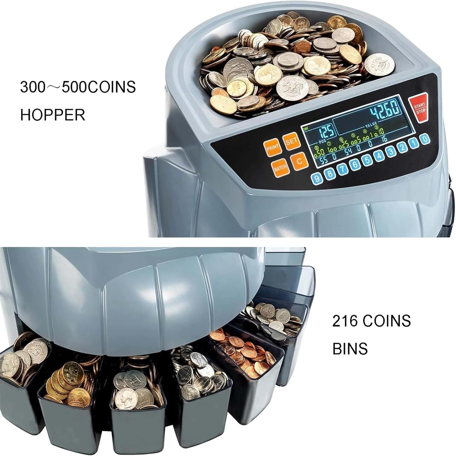 Coin counter machine showing hopper and coin bins