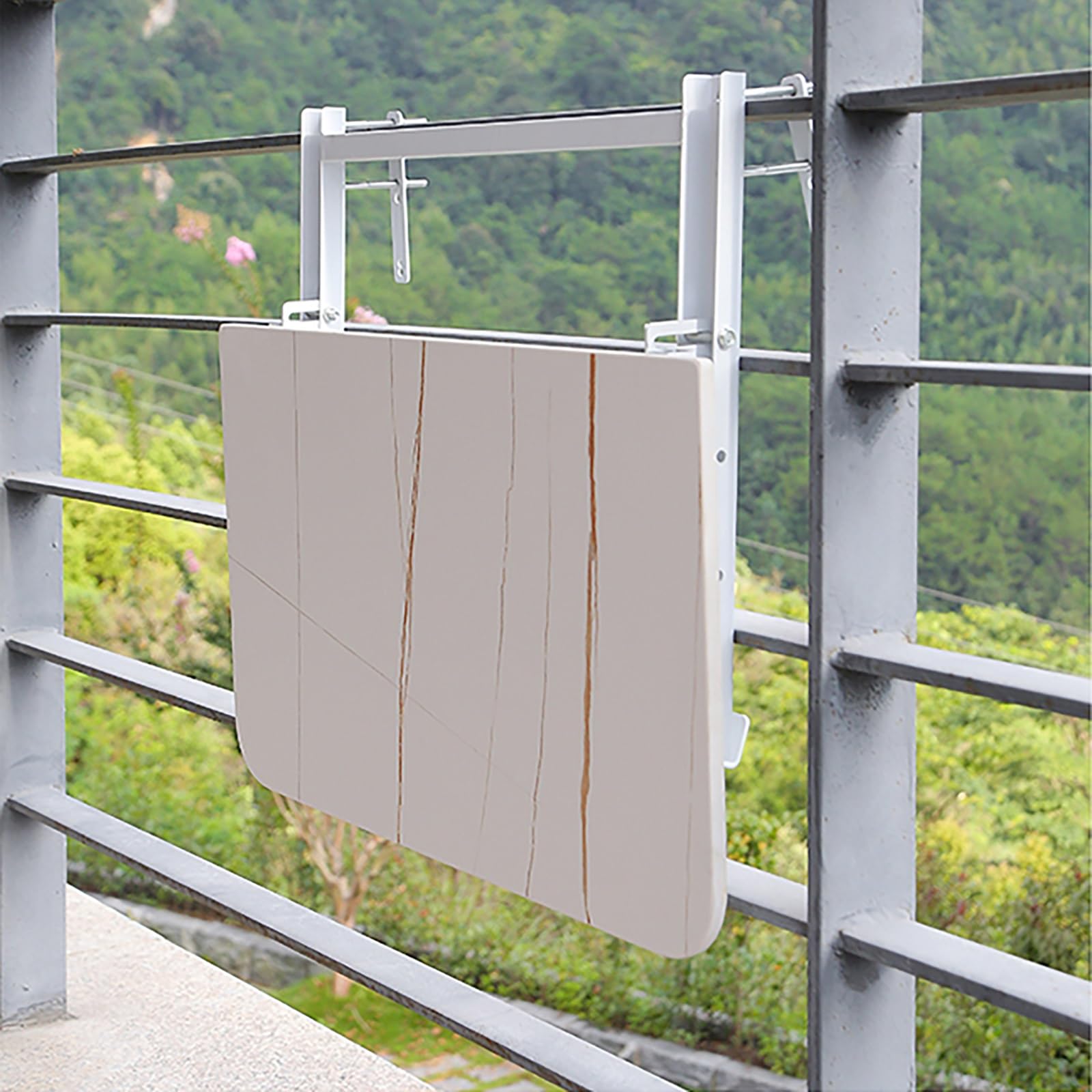 Tavolo da Balcone Pieghevole Regolabile, bancone da Bar da Esterno a Parete per Patio e Giardino, Tavolo salvaspazio con ringhiera, Bianco (60x35 cm/23,6x13,7 Pollici)