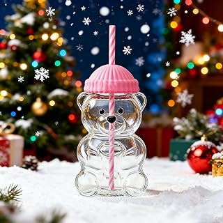 Bear Straw Cup Glass Bear Cup with Lids and Straws Cute Coffee Mugs 20oz Drinking Water Bottle Reusable Party Mug for Milk Tea, and Cocktails, Dishwasher Safe (Pink)
